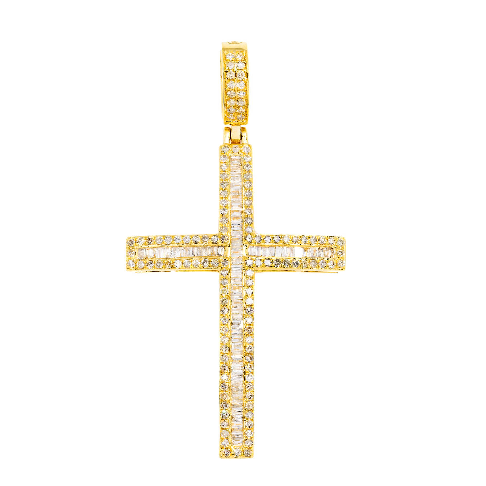 14K GOLD BAGUETTE AND ROUND DIAMOND CROSS PENDANT 1.10 CT