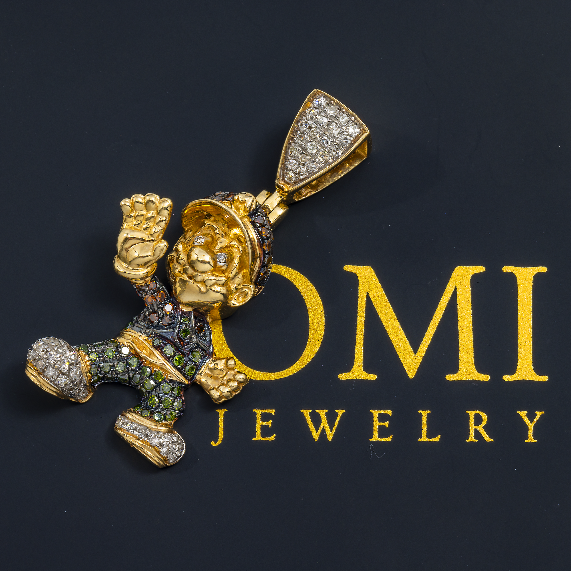 14K GOLD WHITE AND BLACK DIAMONDS SUPER MARIO PENDANT 0.53 CT
