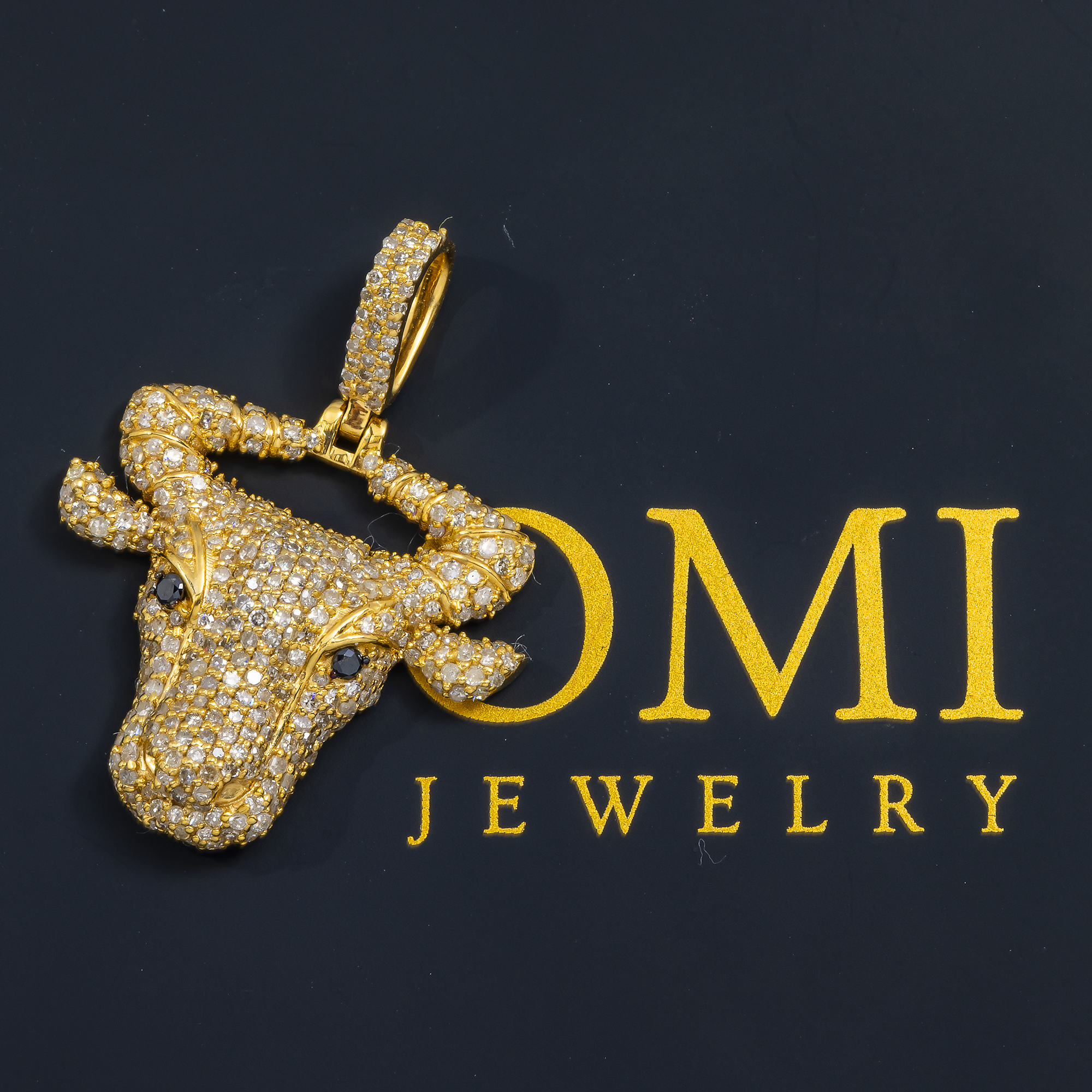 14K GOLD WHITE AND BLACK DIAMOND BULL HEAD PENDANT 1.43 CT