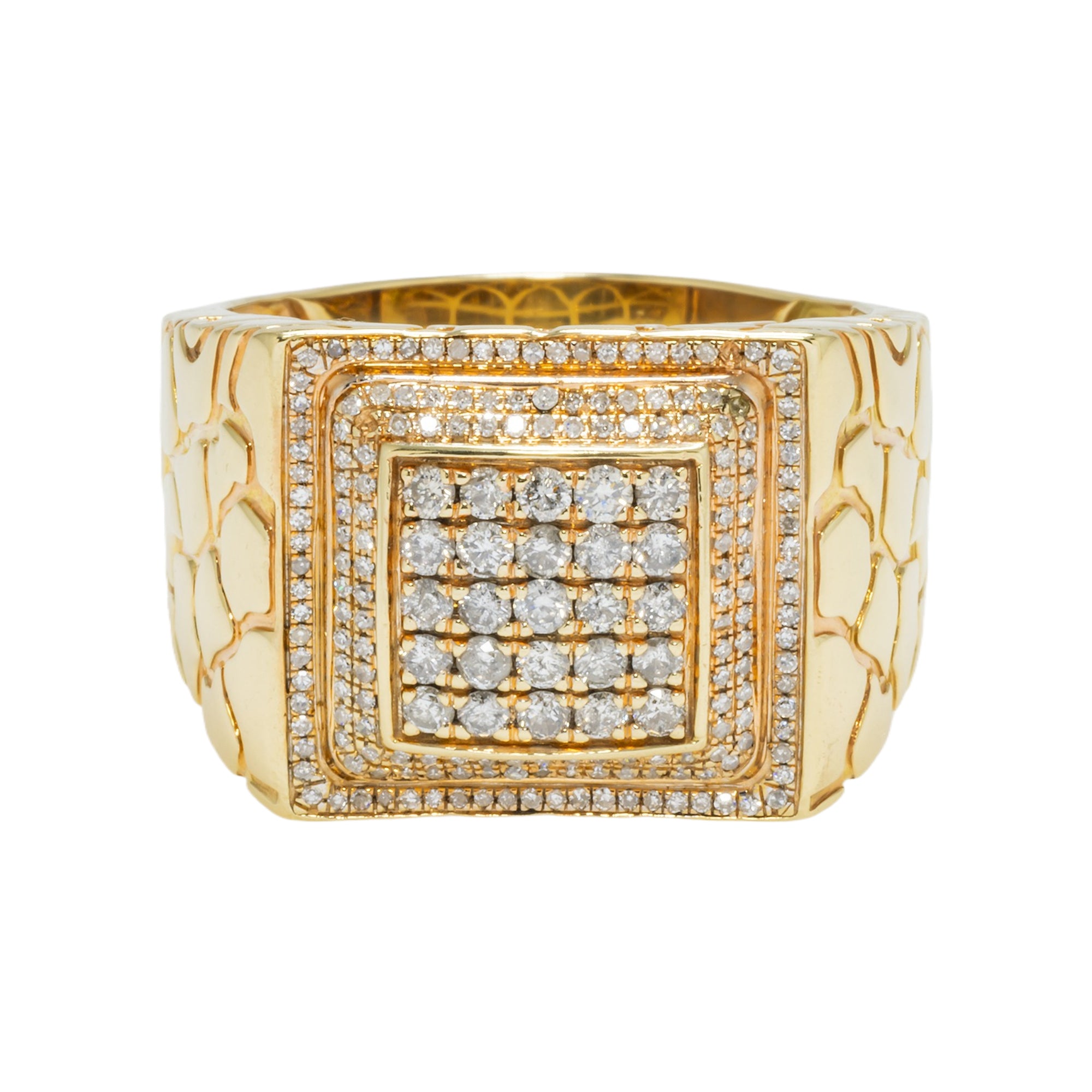 10K GOLD ROUND DIAMOND TEXTURED SQUARE STATEMENT RING 0.87 CT