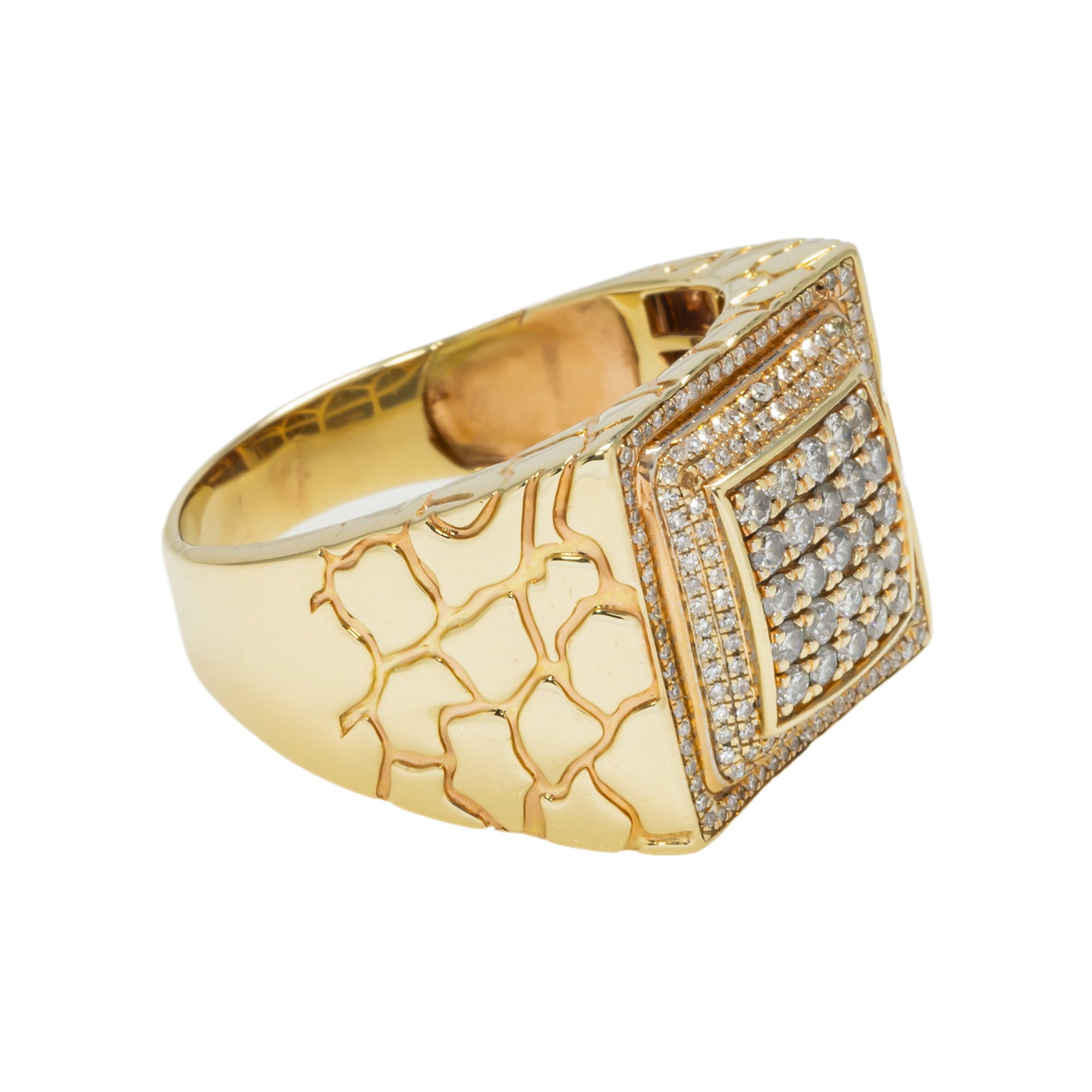 10K GOLD ROUND DIAMOND TEXTURED SQUARE STATEMENT RING 0.87 CT