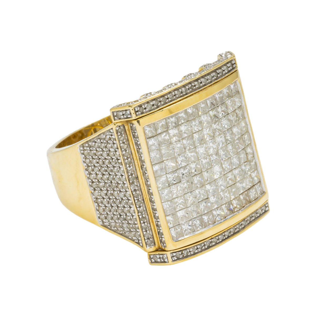 14K GOLD PRINCESS AND ROUND DIAMOND SQUARE STATEMENT RING 3.70 CT