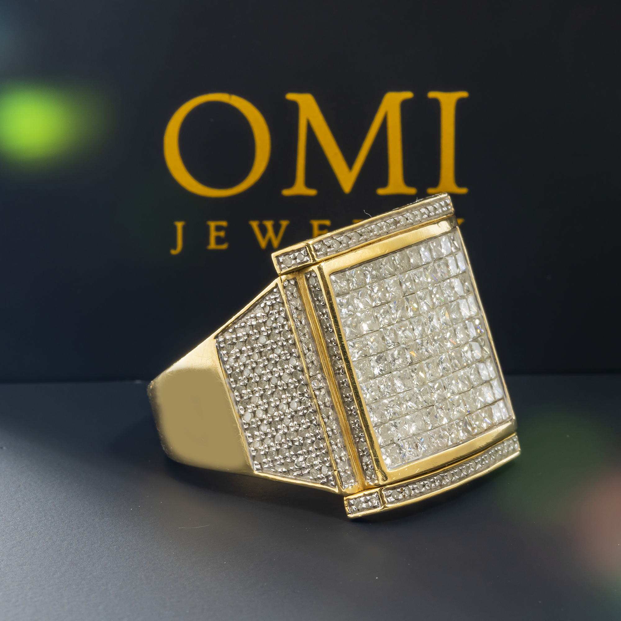 14K GOLD PRINCESS AND ROUND DIAMOND SQUARE STATEMENT RING 3.70 CT