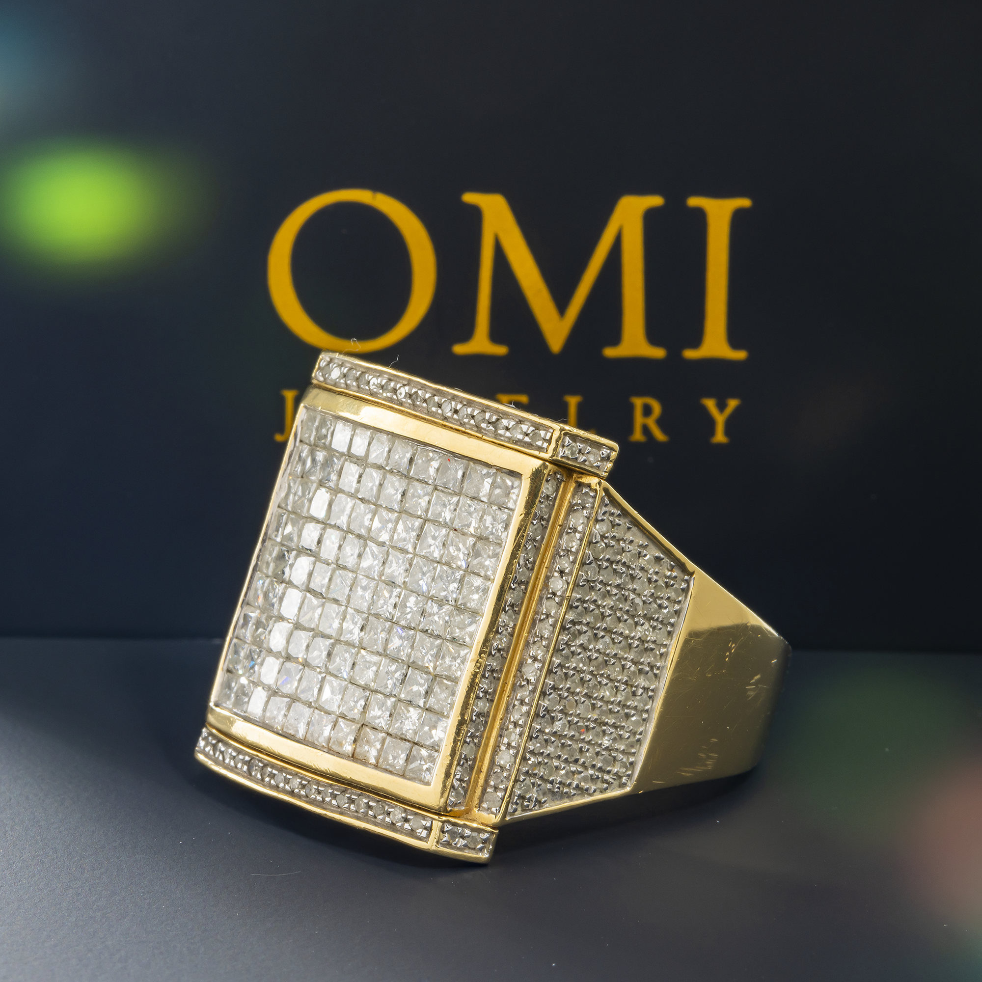 14K GOLD PRINCESS AND ROUND DIAMOND SQUARE STATEMENT RING 3.70 CT