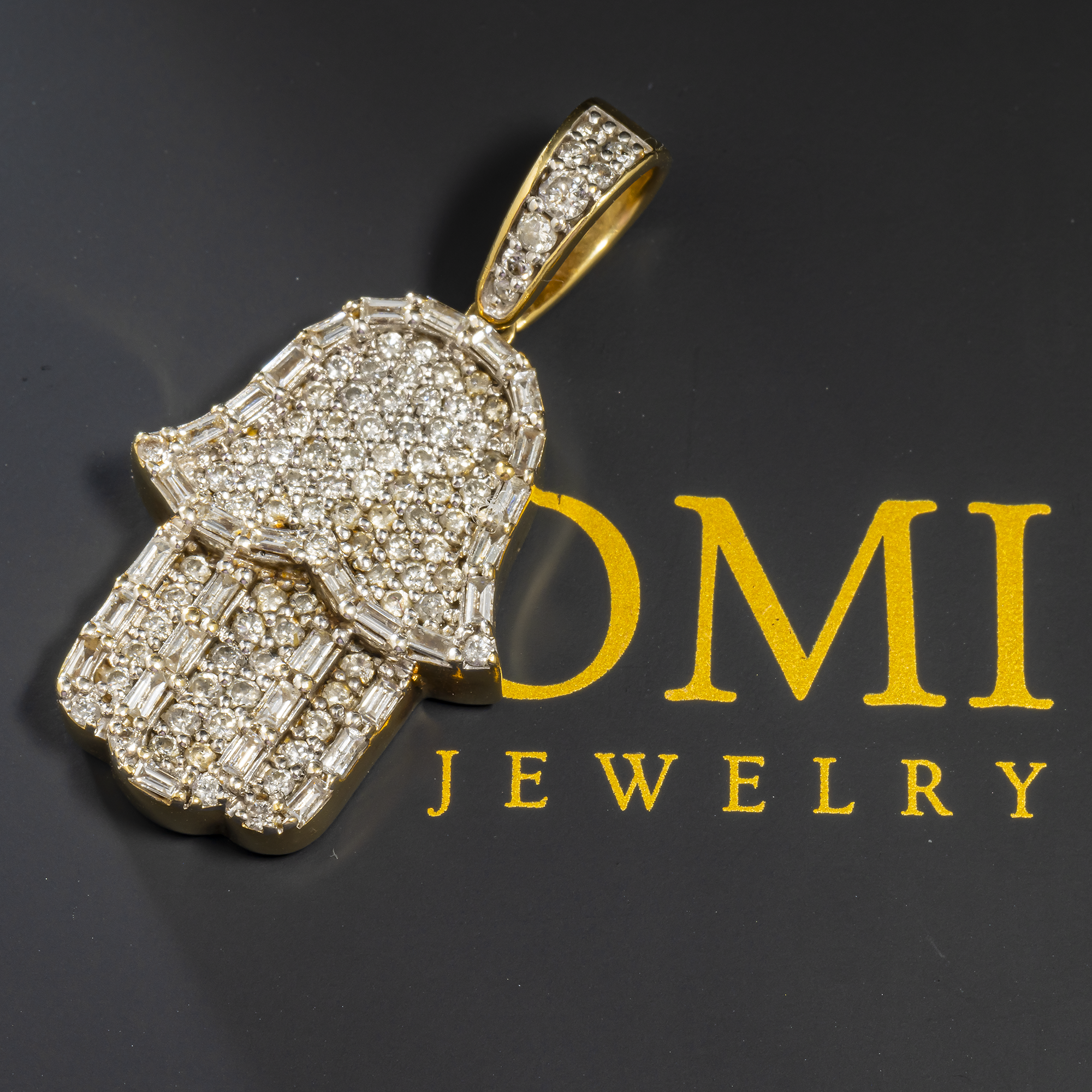 10K GOLD BAGUETTE AND ROUND DIAMOND HAMSA PENDANT 1.48 CT