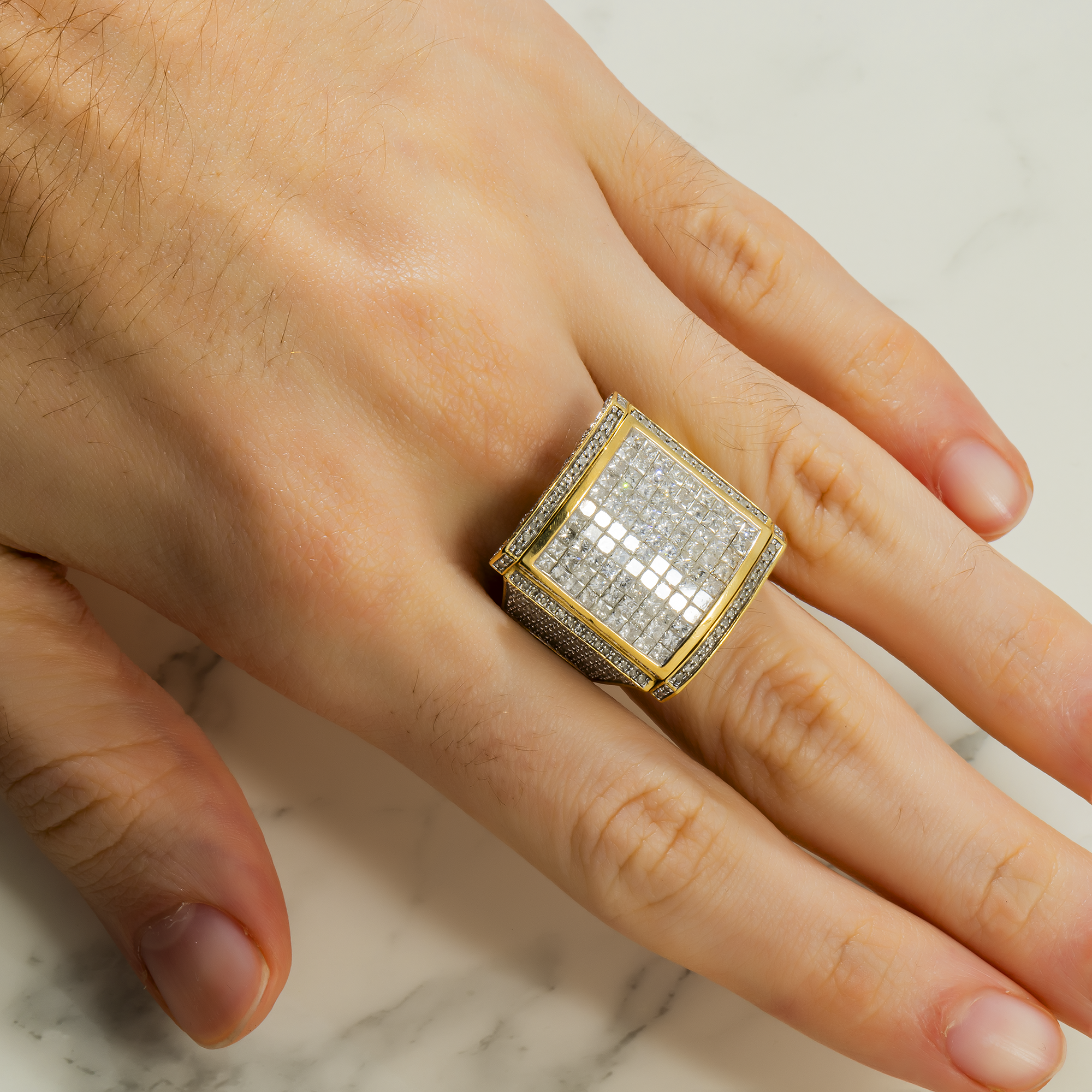 14K GOLD PRINCESS AND ROUND DIAMOND SQUARE STATEMENT RING 3.70 CT