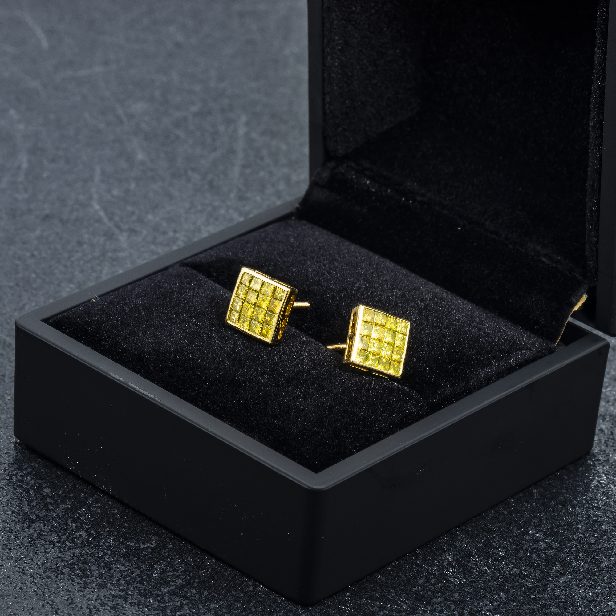 14K GOLD YELLOW DIAMOND SQUARE SHAPE EARRINGS 1.50 CTW