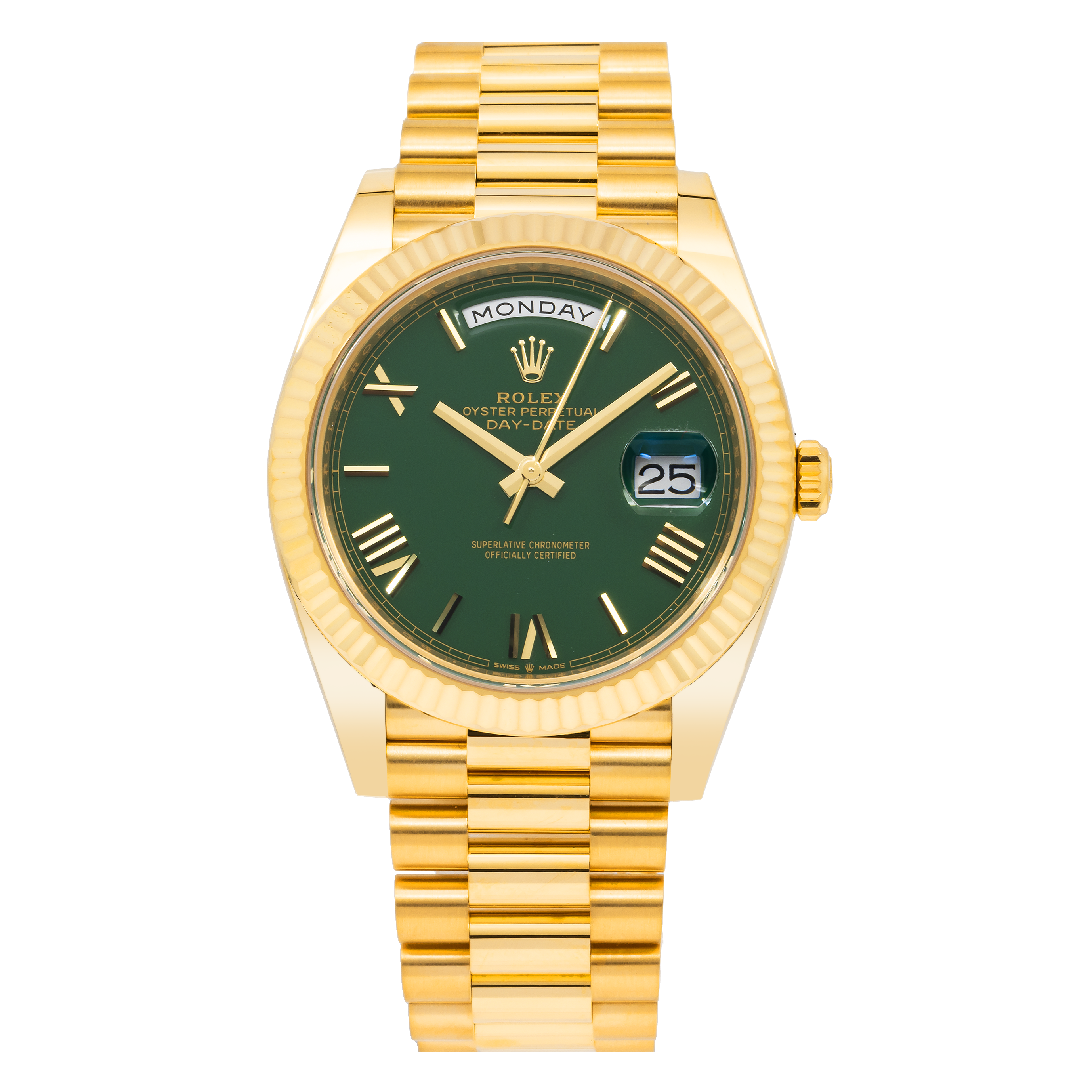 Rolex Day-Date 40MM 228238 Green Roman Dial Yellow Gold Fluted Bezel 18K Yellow Gold President Bracelet