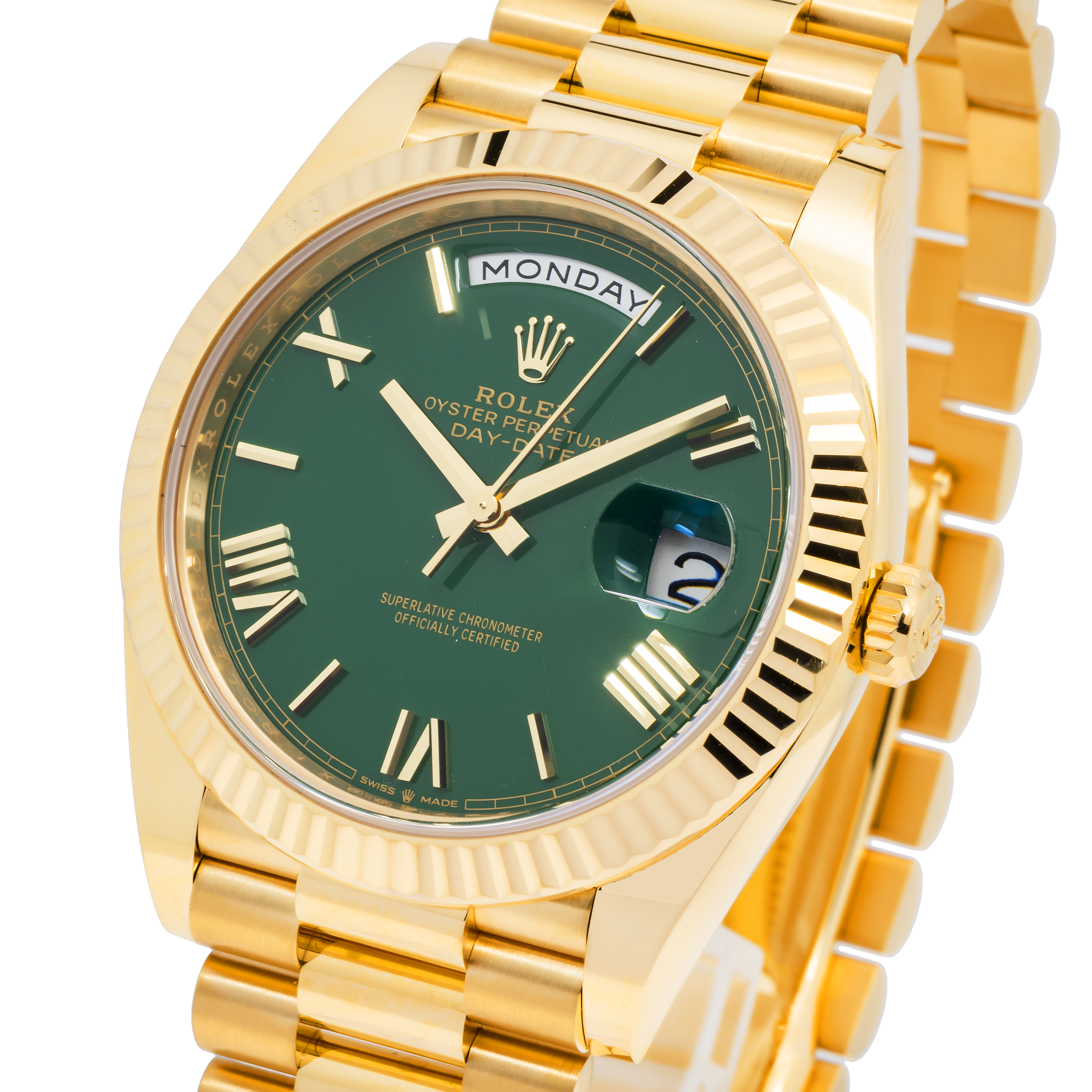 Rolex Day-Date 40MM 228238 Green Roman Dial Fluted Bezel 18K Yellow Gold President Bracelet