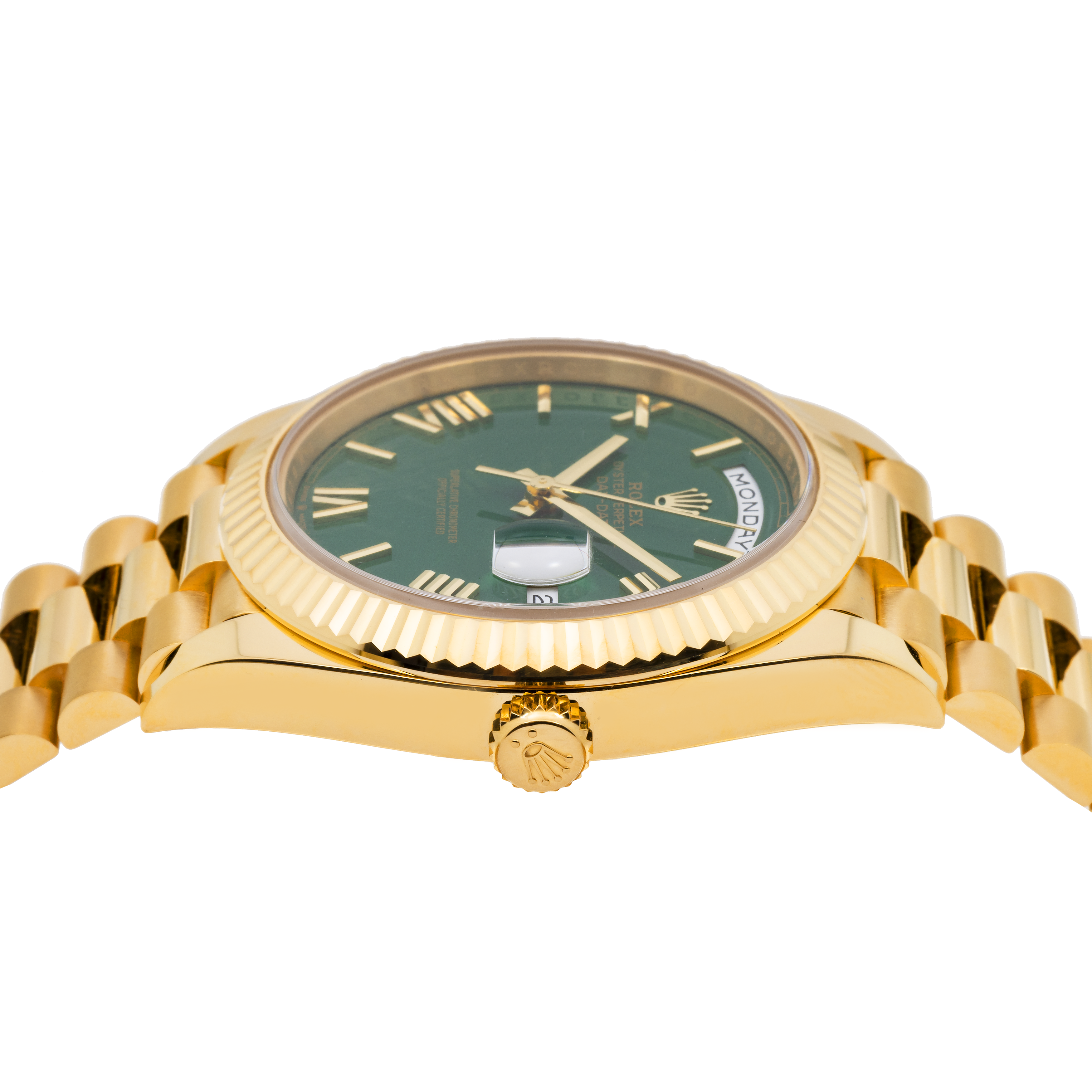 Rolex Day-Date 40MM 228238 Green Roman Dial Fluted Bezel 18K Yellow Gold President Bracelet