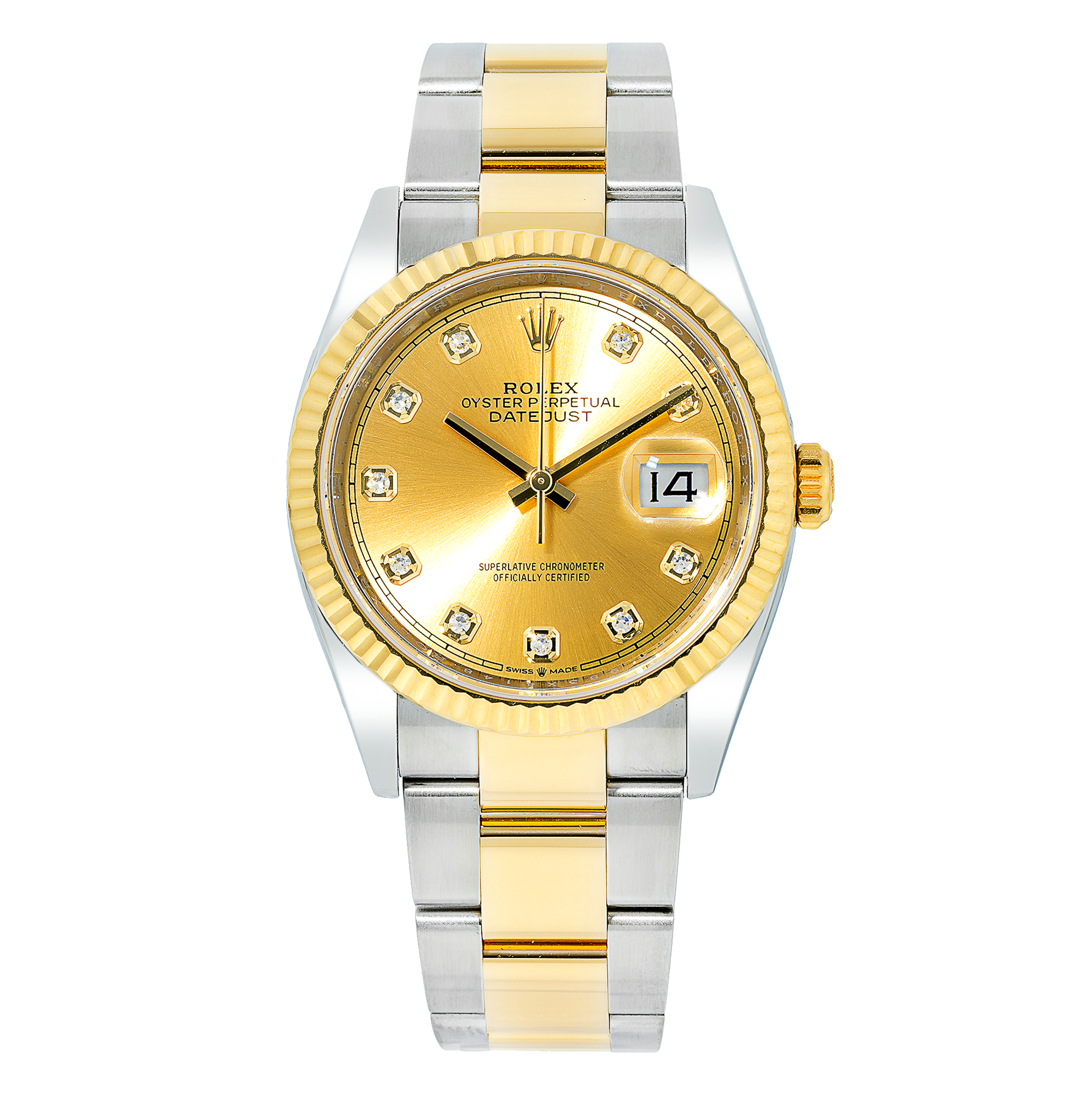 Rolex Datejust 41MM 126333 Champagne Diamond Dial Yellow Gold Fluted Bezel Two Tone Oyster Bracelet