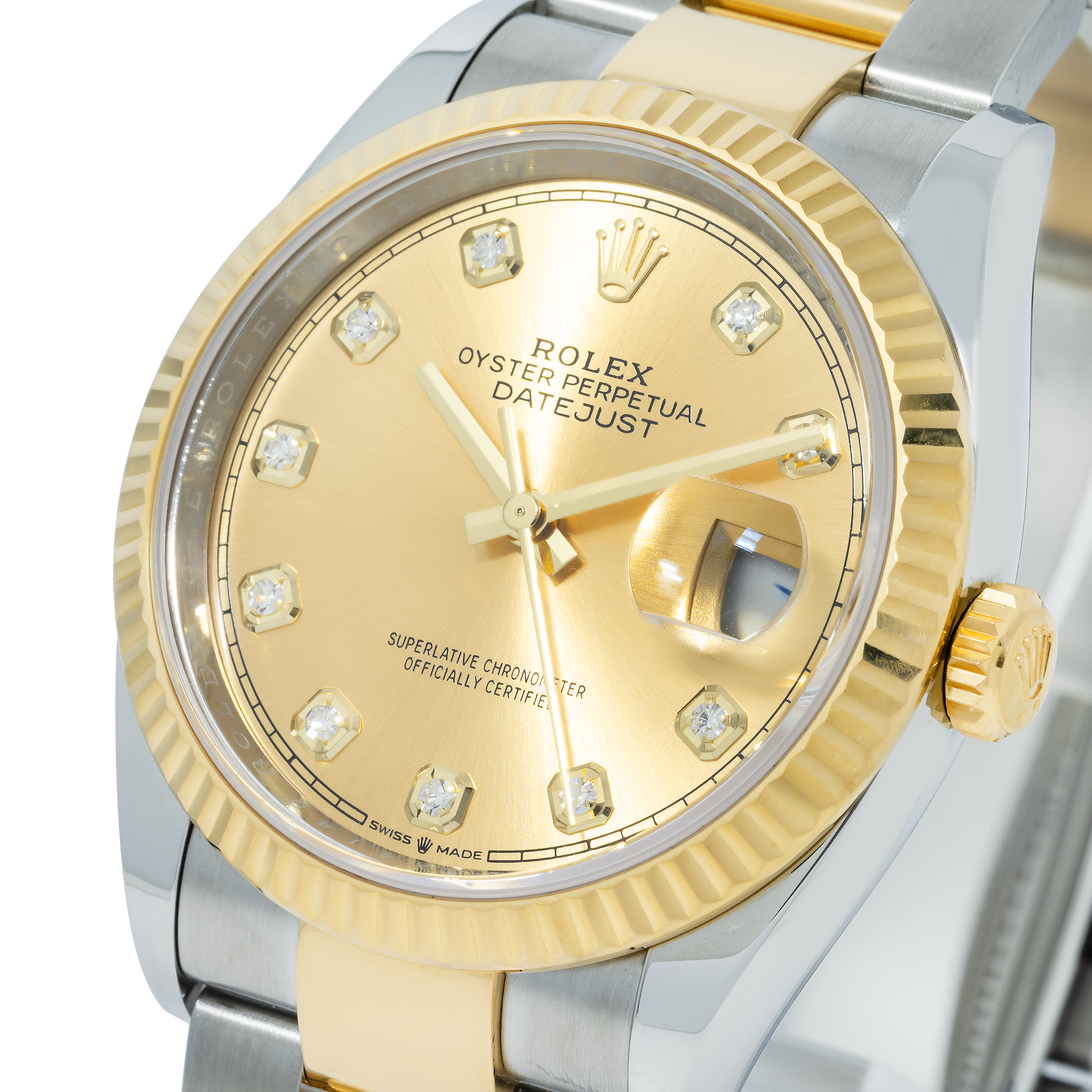 Rolex Datejust 41MM 126333 Champagne Diamond Dial Fluted Bezel Two Tone Yellow Gold Oyster Bracelet