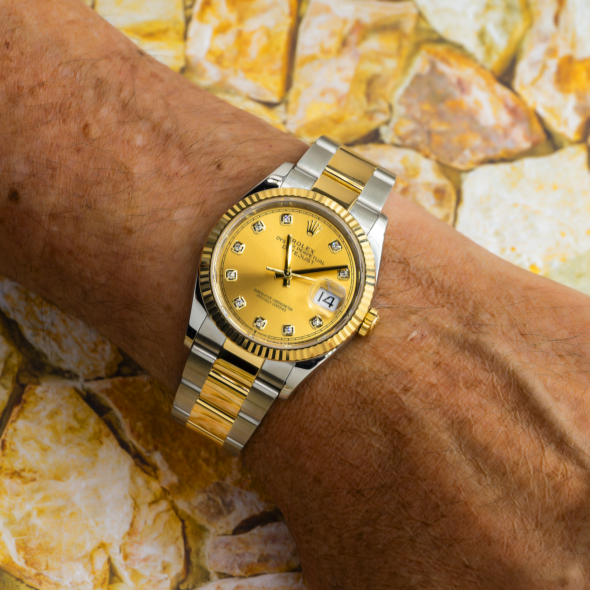 Rolex Datejust 41MM 126333 Champagne Diamond Dial Fluted Bezel Two Tone Yellow Gold Oyster Bracelet