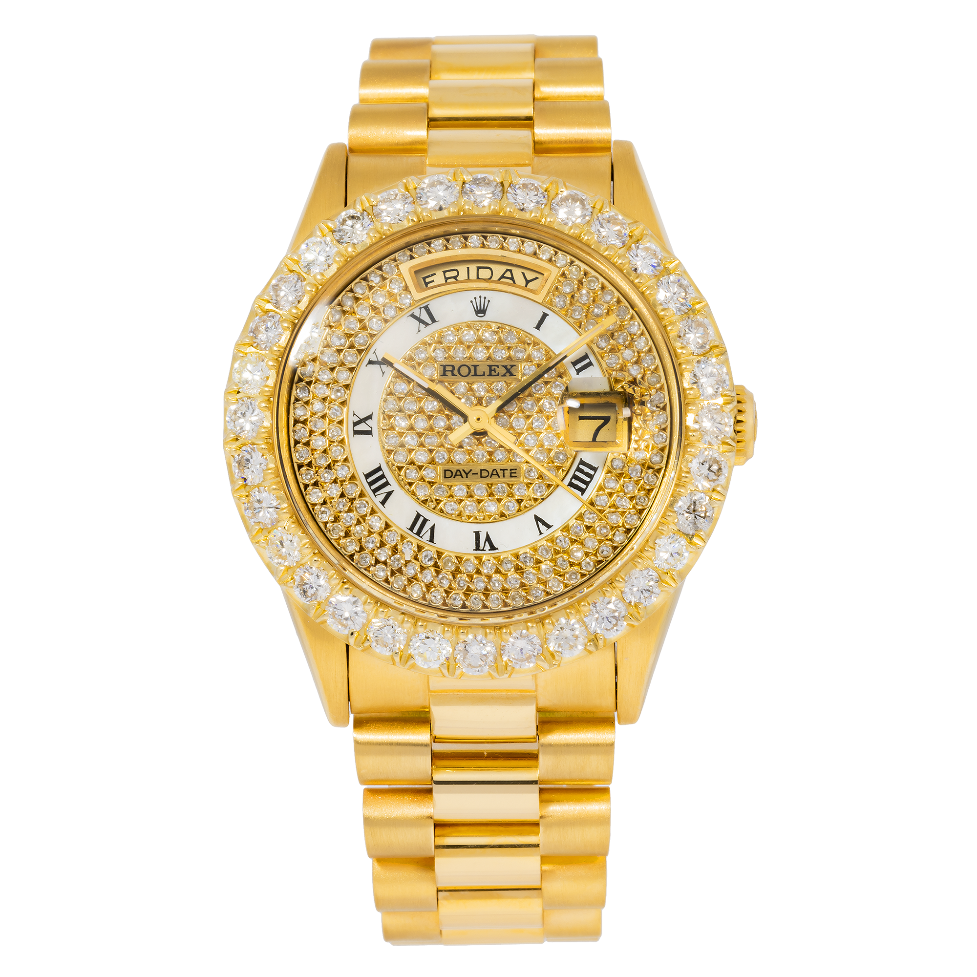 Rolex Day-Date 36MM 1803 Diamond Paved Roman Dial Diamond Bezel 18K Yellow Gold President Bracelet