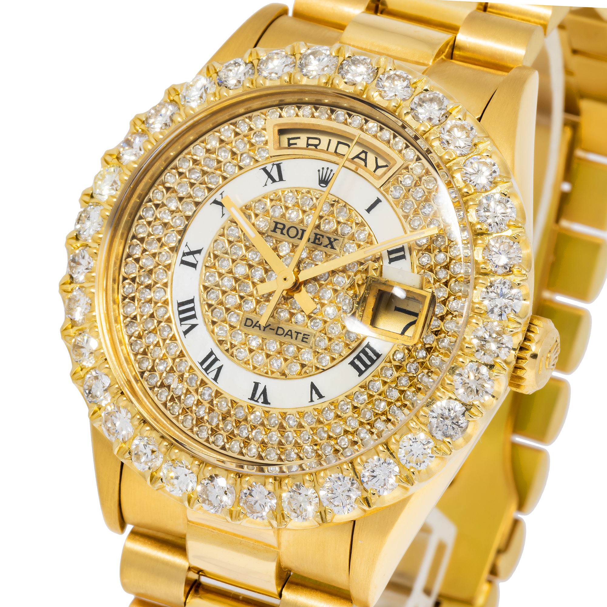 Rolex Day-Date 36MM 1803 Diamond Paved Roman Dial Diamond Bezel 18K Yellow Gold President Bracelet