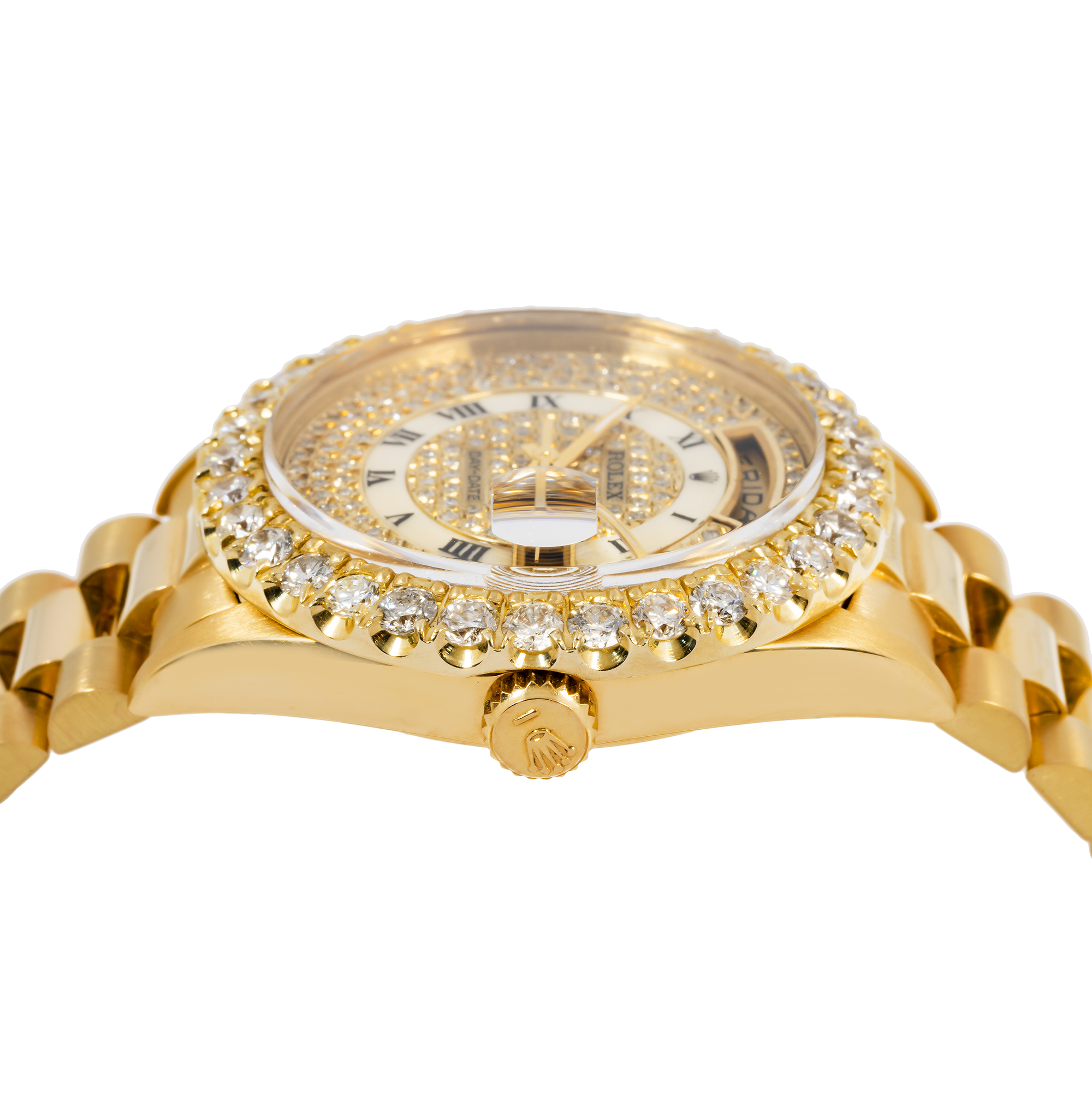 Rolex Day-Date 36MM 1803 Diamond Paved Roman Dial Diamond Bezel 18K Yellow Gold President Bracelet