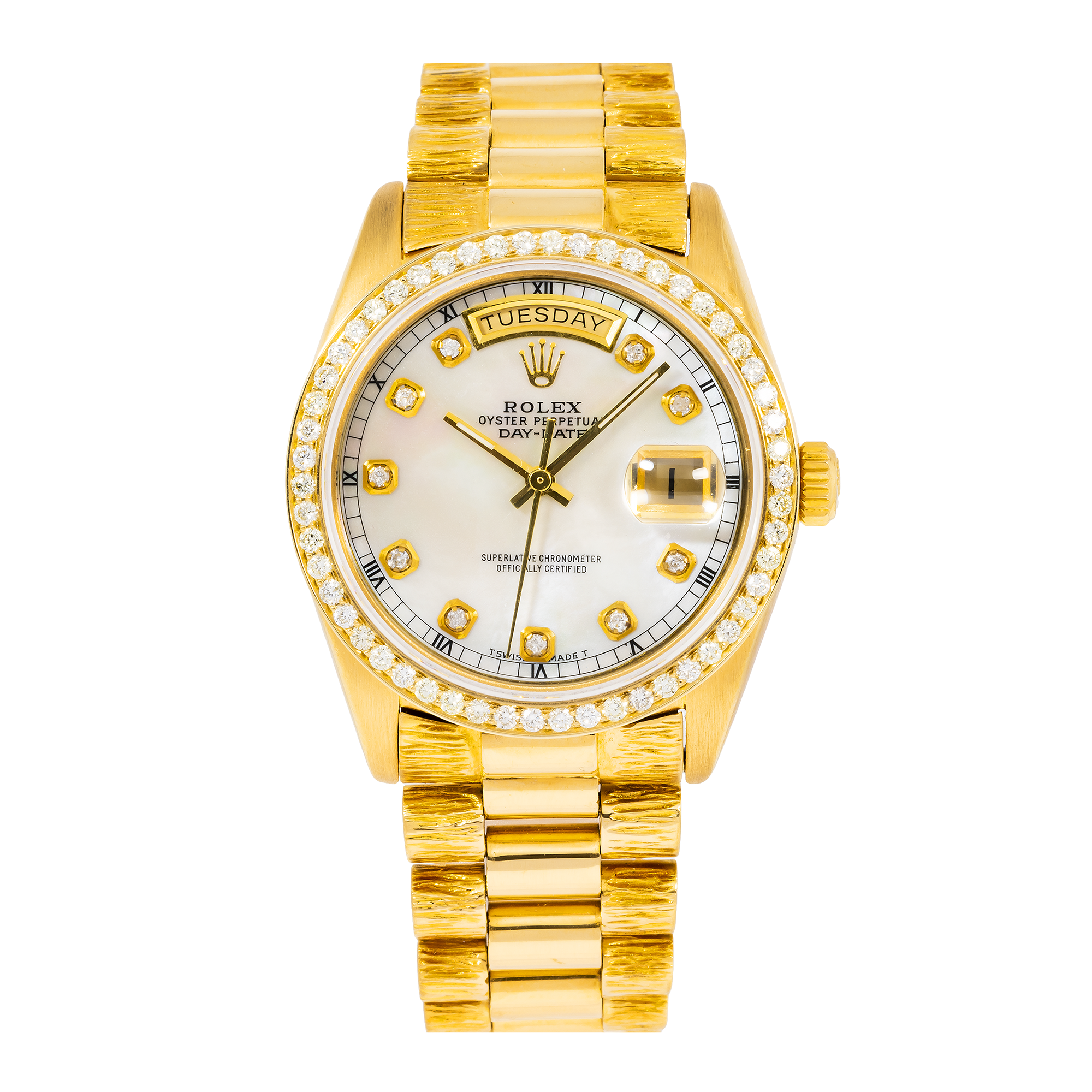 Rolex Day-Date 36MM 18078 Silver Diamond Dial Diamond Bezel 18K Yellow Gold President Bracelet
