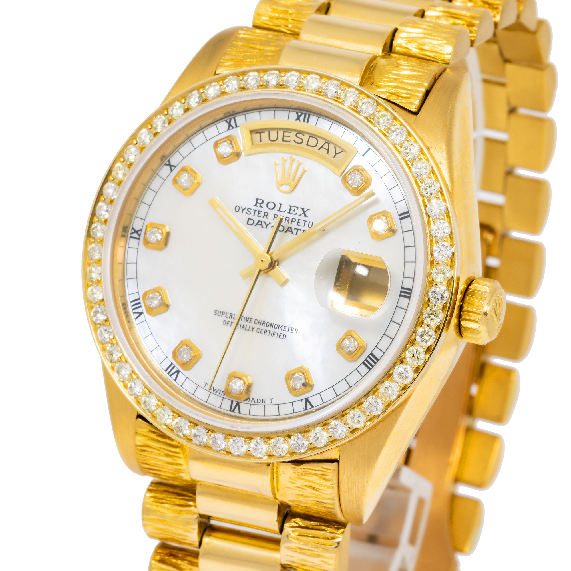 Rolex Day-Date 36MM 18078 Silver Diamond Dial Diamond Bezel 18K Yellow Gold President Bracelet
