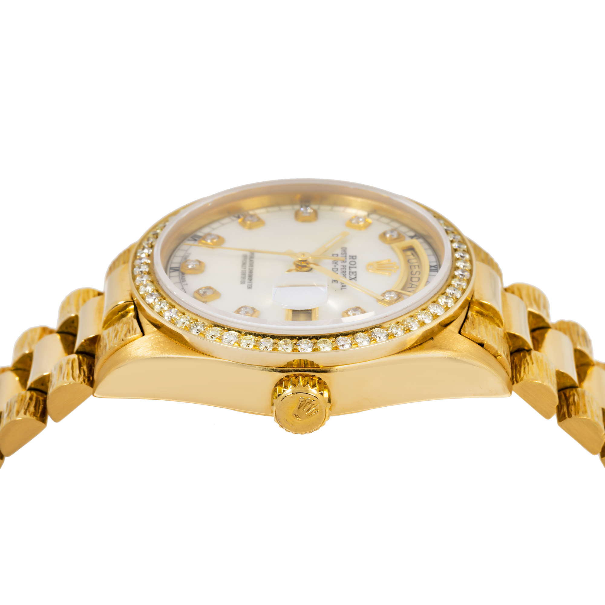 Rolex Day-Date 36MM 18078 Silver Diamond Dial Diamond Bezel 18K Yellow Gold President Bracelet