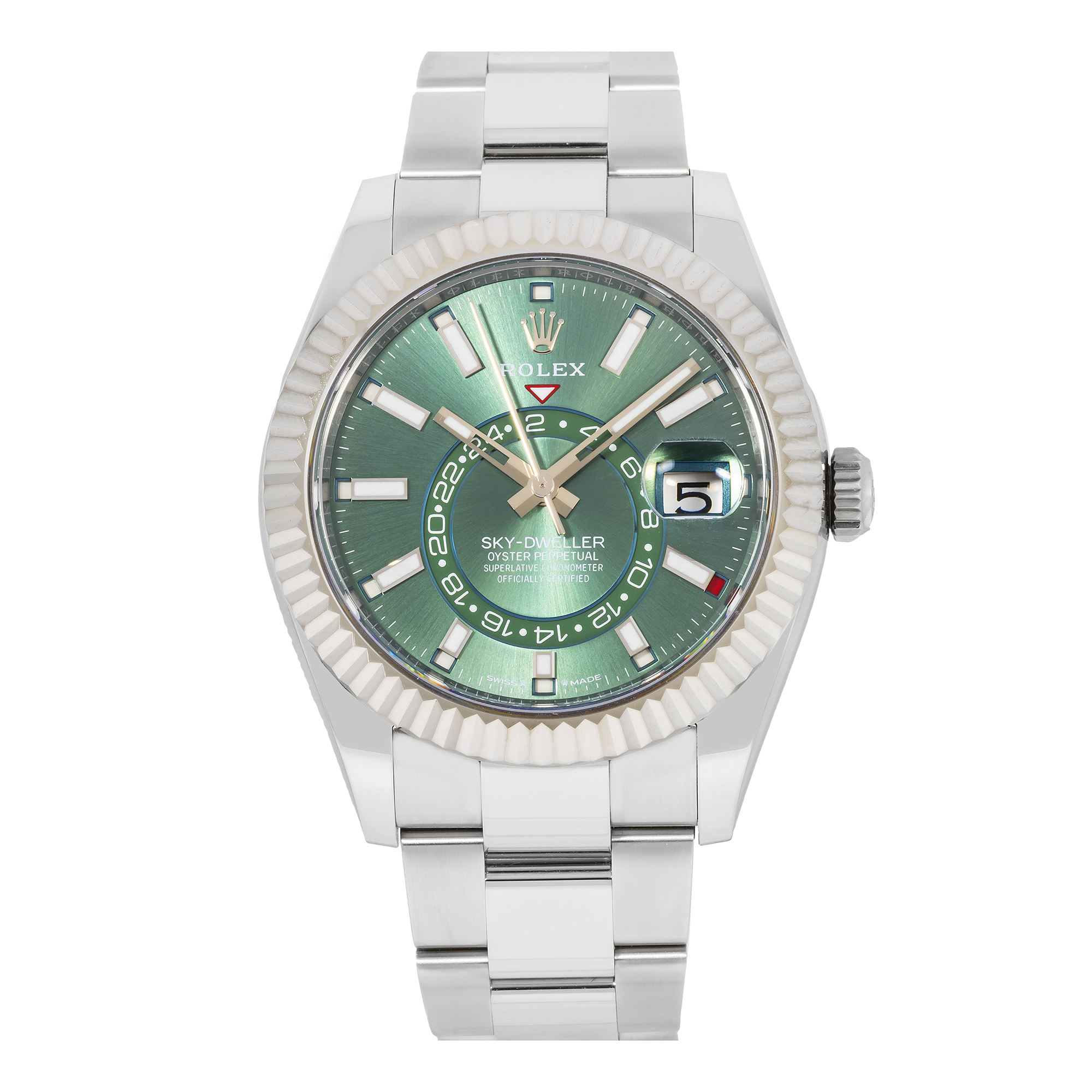 Rolex Sky-Dweller 42MM 336934 Green Dial White Gold Fluted Bezel Stainless Steel Oyster Bracelet