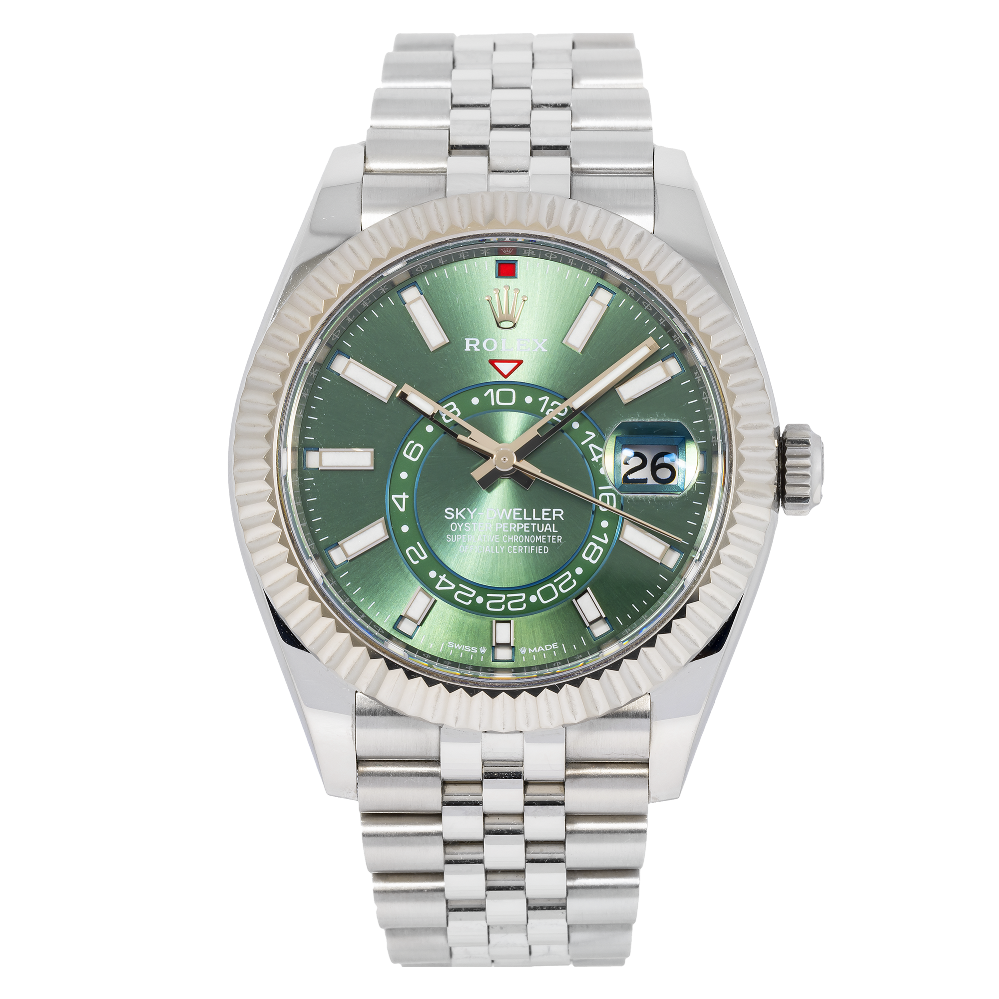 Rolex Sky-Dweller 42MM 336934 Green Dial White Gold Fluted Bezel Stainless Steel Jubilee Bracelet