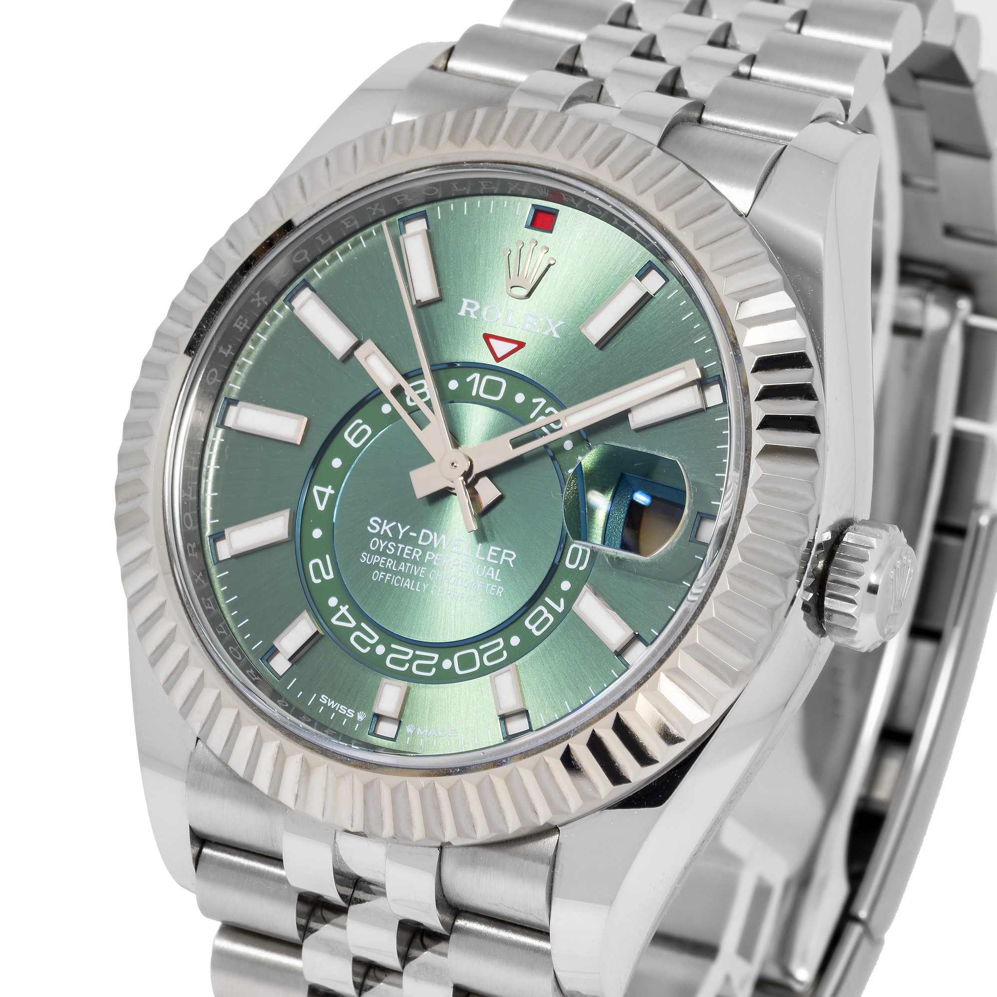 Rolex Sky-Dweller 42MM 336934 Green Dial Fluted Bezel Stainless Steel Jubilee Bracelet