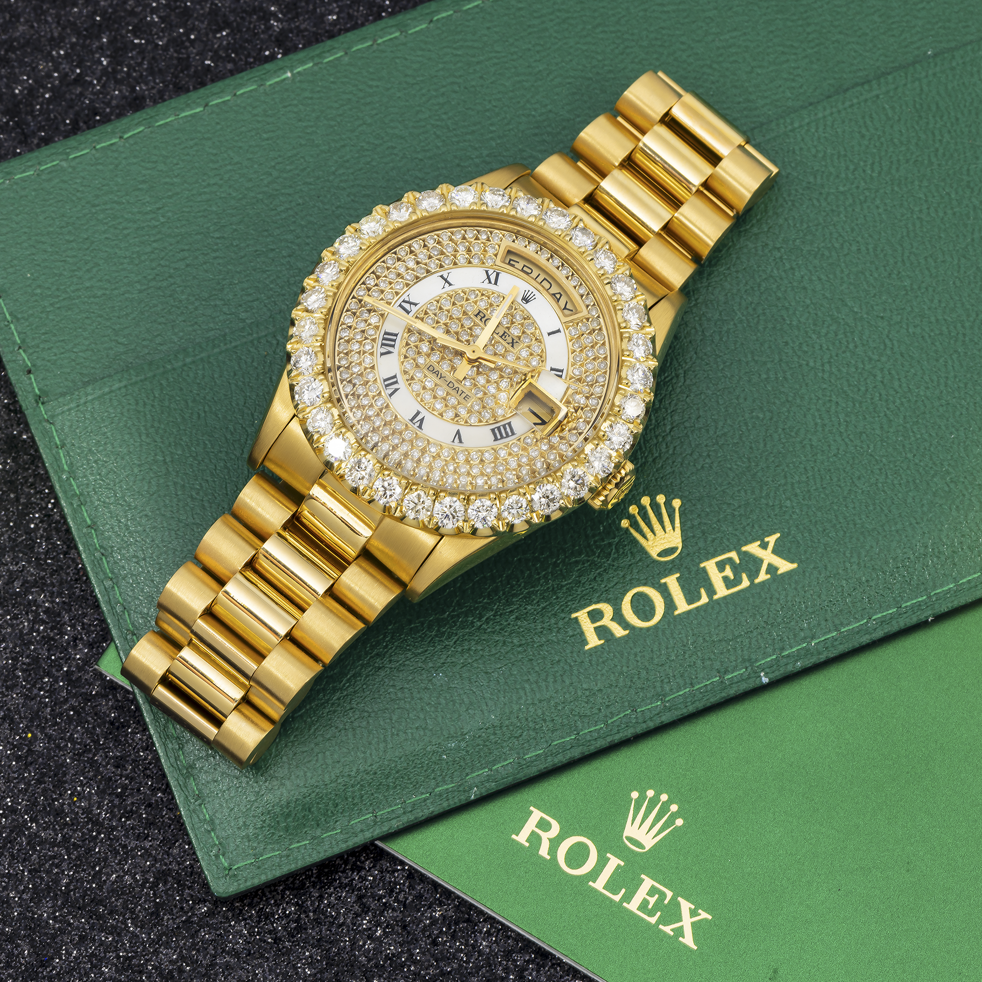Rolex Day-Date 36MM 1803 Diamond Paved Roman Dial Diamond Bezel 18K Yellow Gold President Bracelet