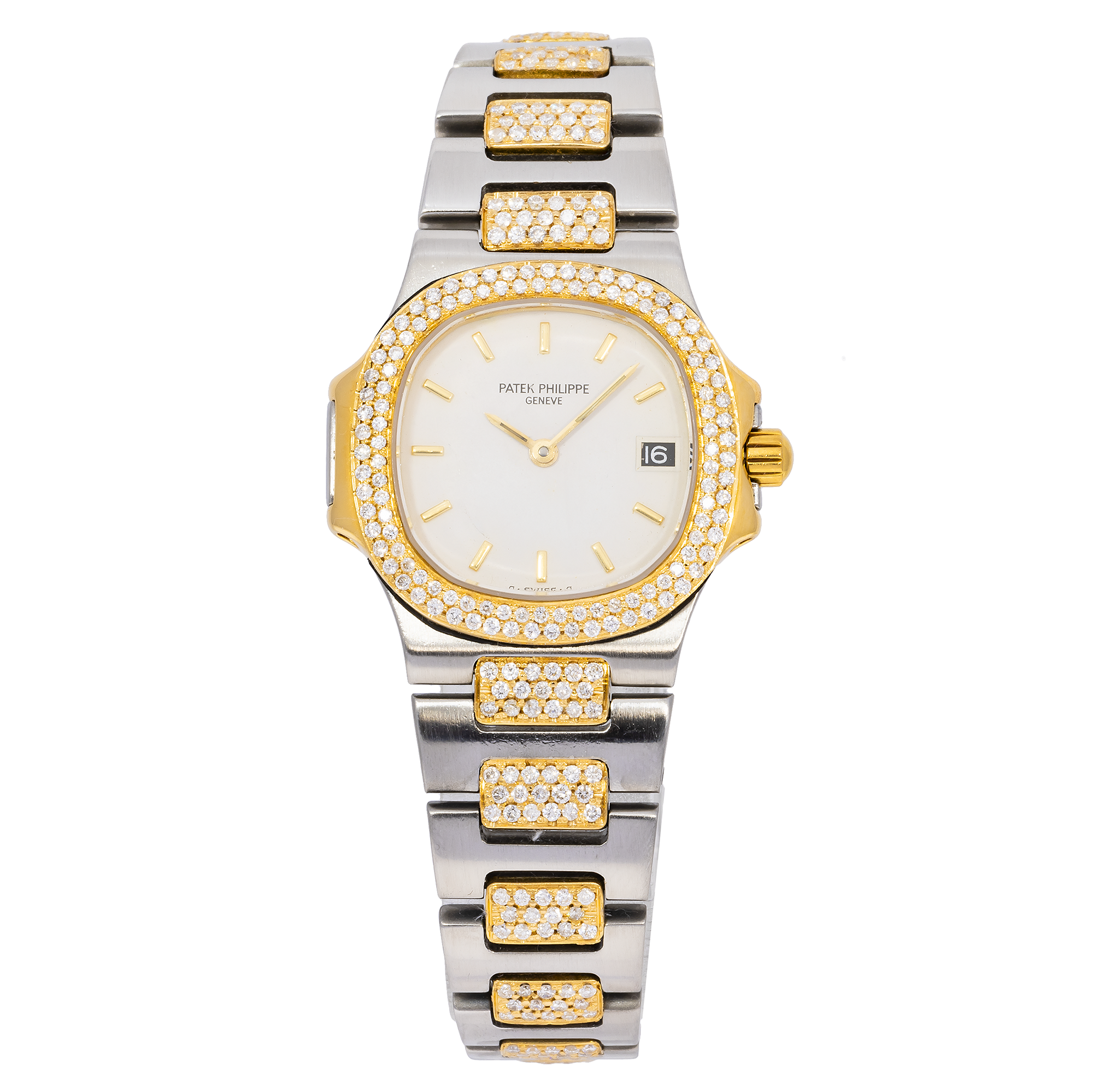 Patek Philippe Nautilus 27MM 4700/62 White Dial Diamond Paved Bezel Two Tone 18K Yellow Gold Semi Diamond Bracelet