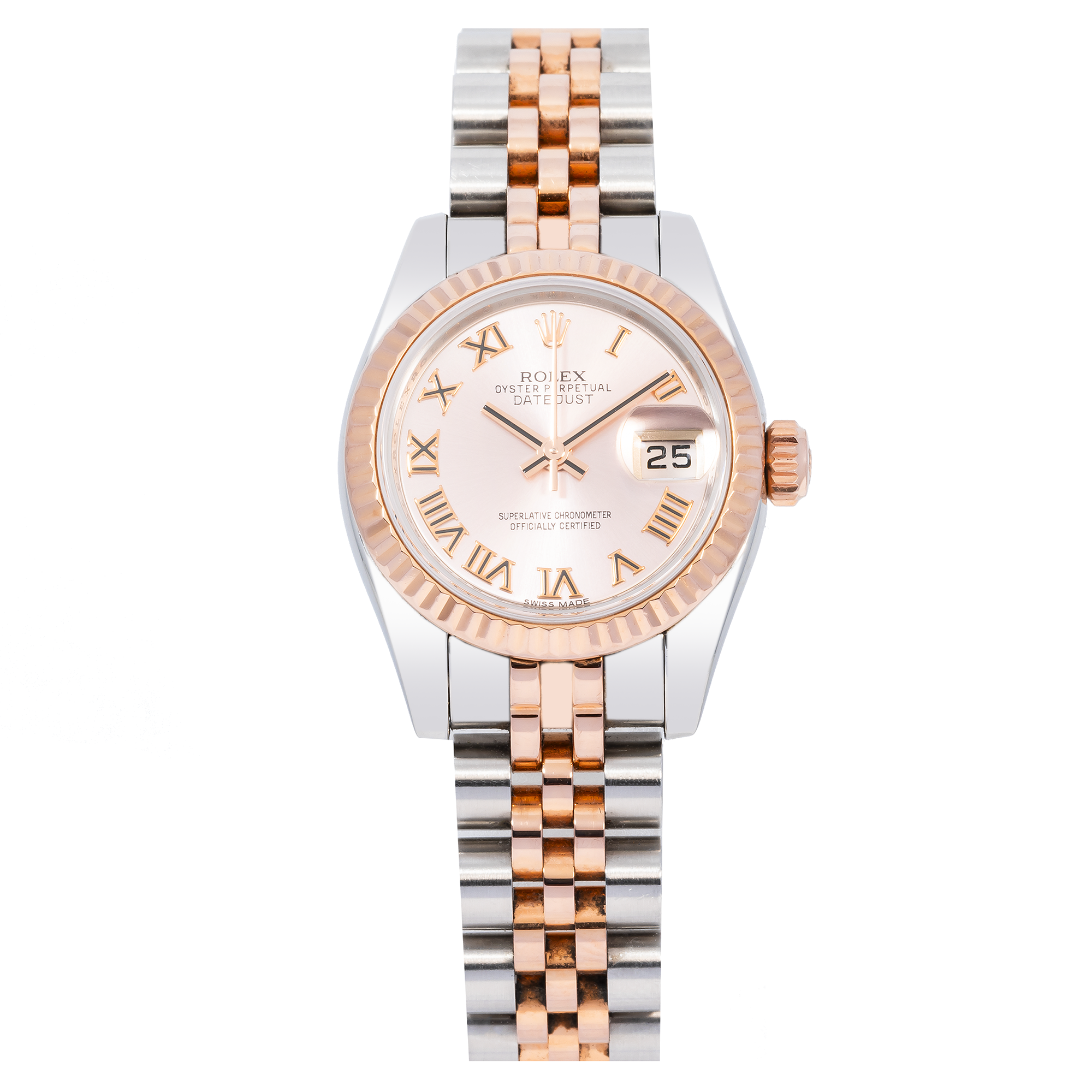 Rolex Datejust 26MM 179173 Pink Roman Dial Rose Gold Fluted Bezel Two Tone Jubilee Bracelet 0.4ct