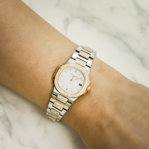 Patek Philippe Nautilus 30MM White Dial With Two Tone Semi Diamond Bracelet And Diamond Bezel