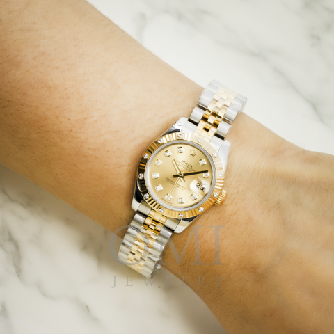 ROLEX DATEJUST 178343 31MM CHAMPAGNE DIAMOND DIAL WITH TWO TONE JUBILEE BRACELET