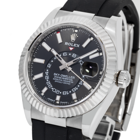 ROLEX SKY-DWELLER WHITE GOLD BLACK INDEX DIAL OYSTERFLEX 336235 WITH RUBBER STRAP