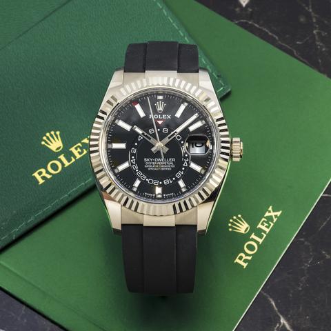 ROLEX SKY-DWELLER WHITE GOLD BLACK INDEX DIAL OYSTERFLEX 336235 WITH RUBBER STRAP