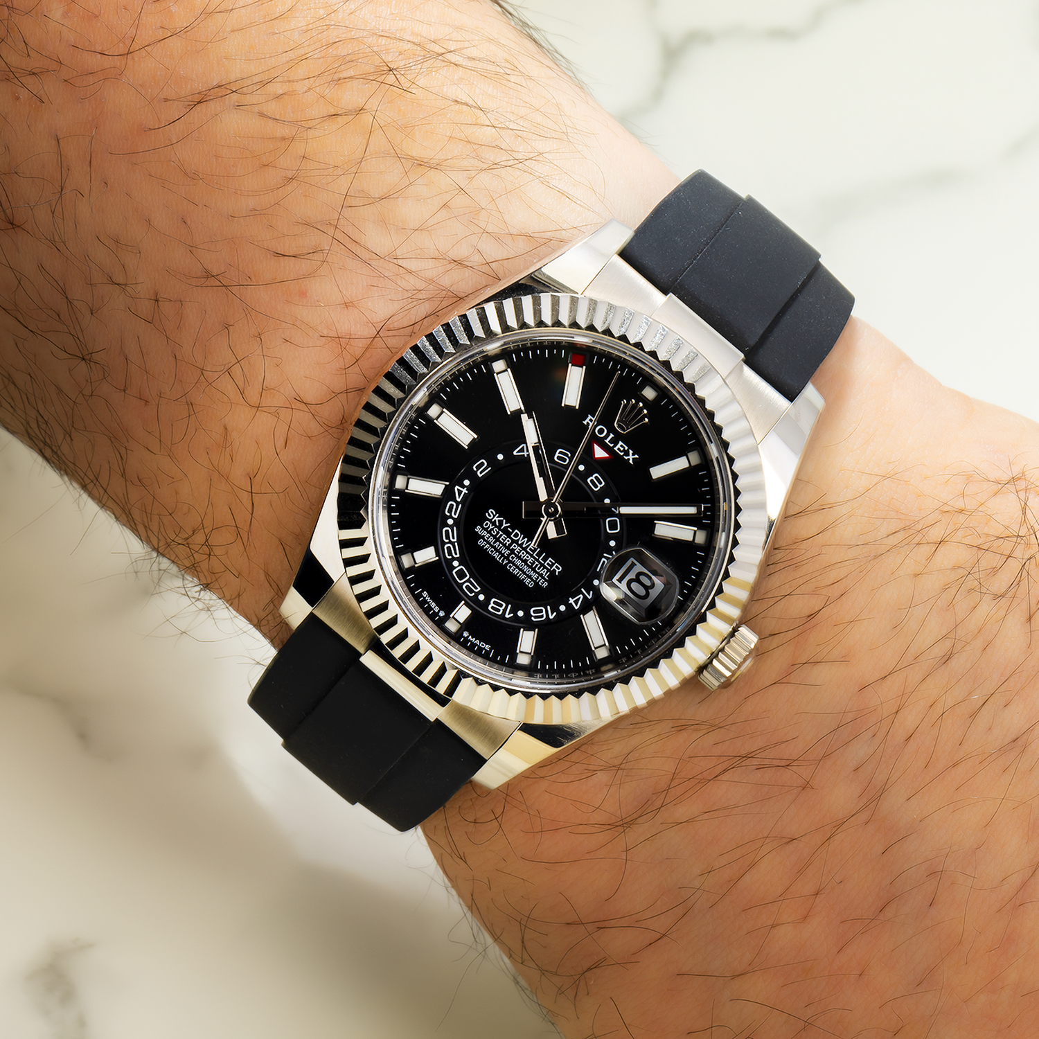 Rolex Sky-Dweller 42MM 336239 Black Dial Fluted Bezel Black Oysterflex Strap