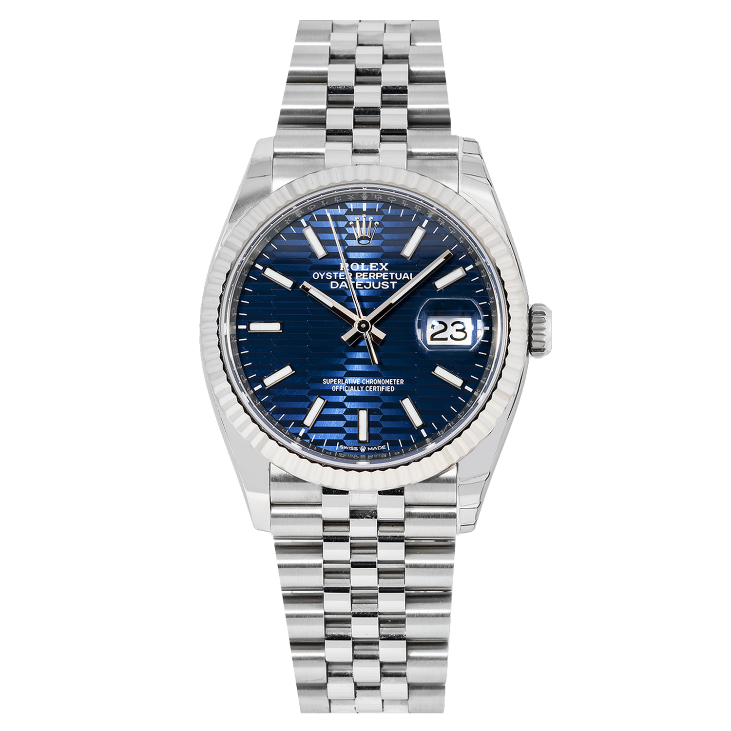 Rolex Datejust 41MM 126334 Blue Motif Dial White Gold Fluted Bezel Stainless Steel Jubilee Bracelet