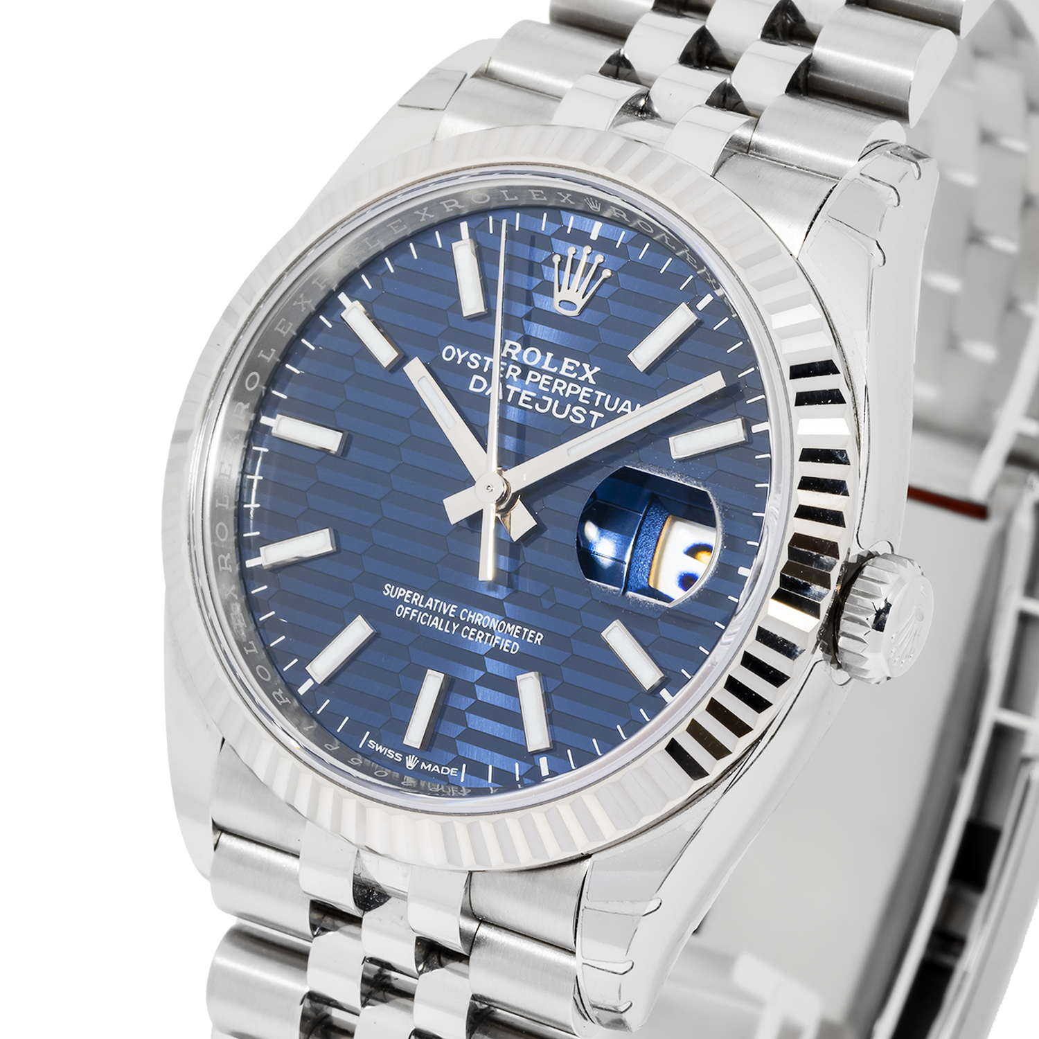 Rolex Datejust 41MM 126334 Blue Motif Dial Fluted Bezel Stainless Steel Jubilee Bracelet