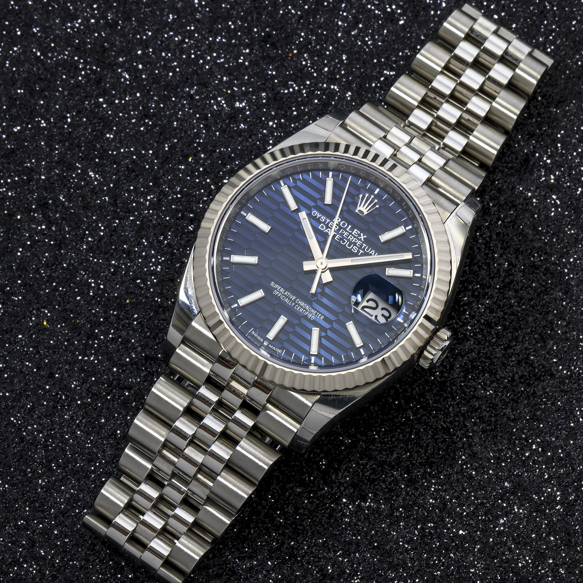 Rolex Datejust 41MM 126334 Blue Motif Dial Fluted Bezel Stainless Steel Jubilee Bracelet