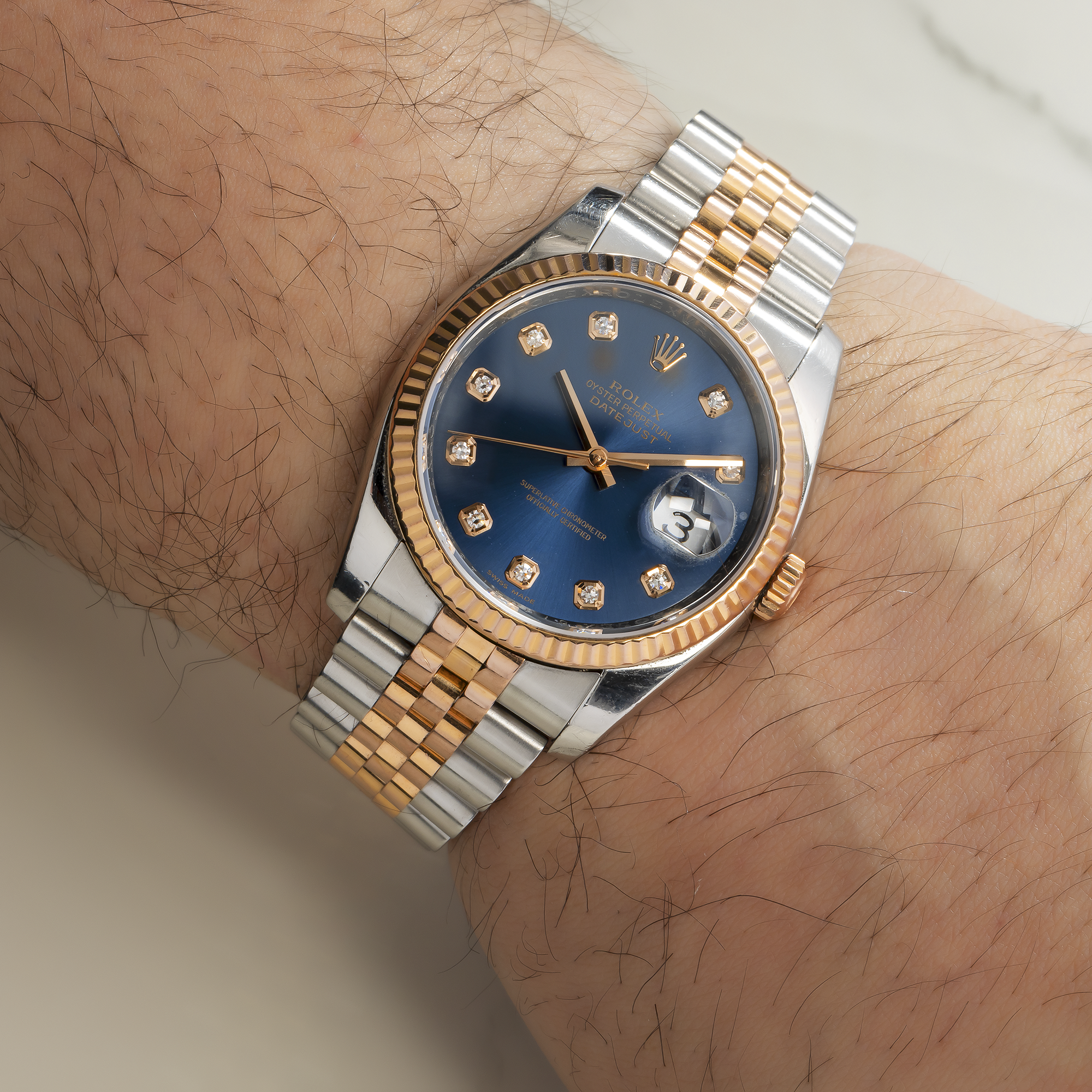 Rolex Datejust 36MM 116231 Blue Diamond Dial Fluted Bezel Two Tone Rose Gold Jubilee Bracelet