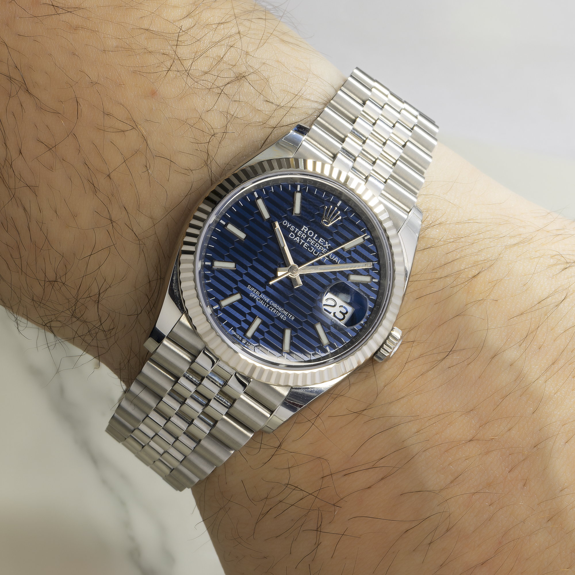 Rolex Datejust 41MM 126334 Blue Motif Dial Fluted Bezel Stainless Steel Jubilee Bracelet