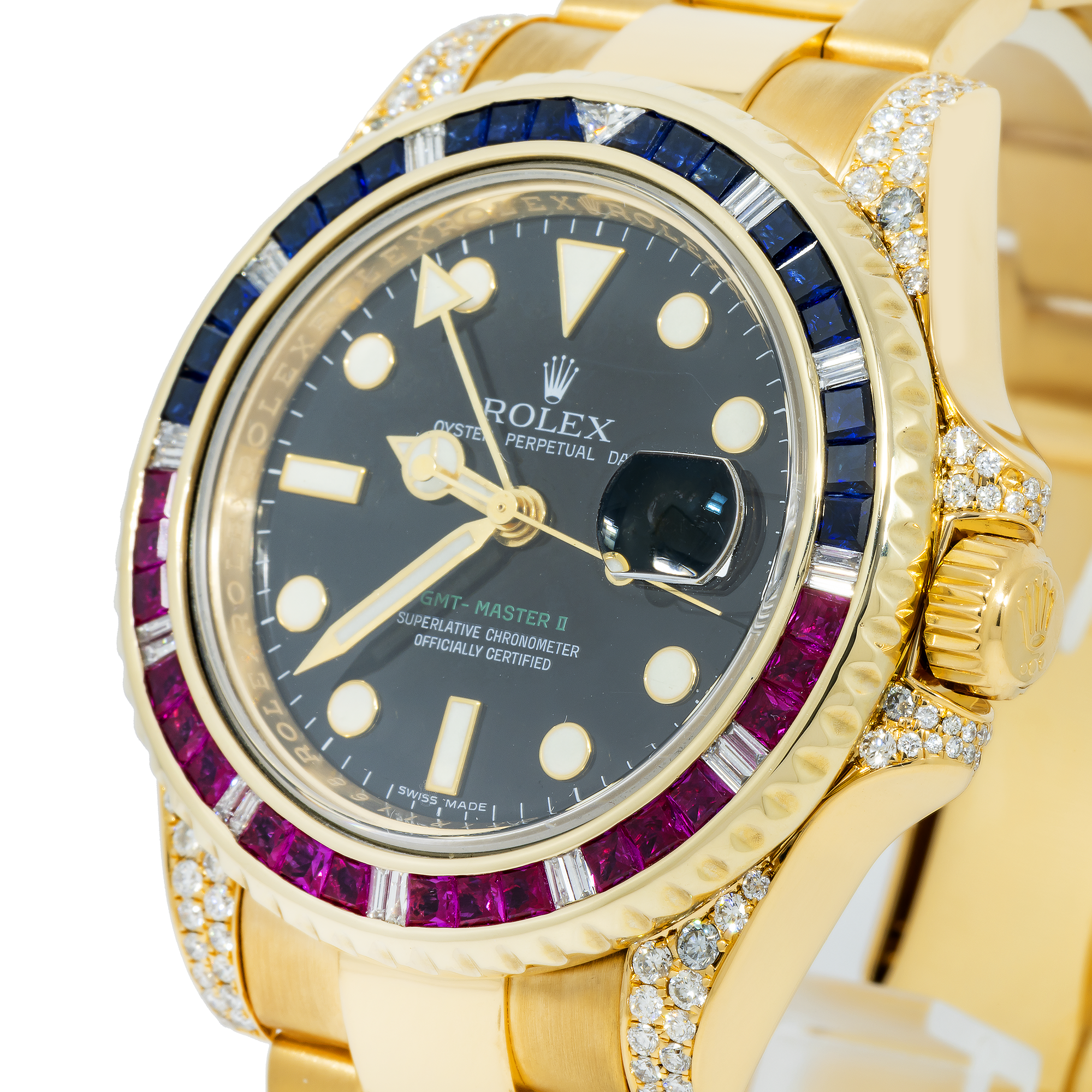 Rolex GMT-Master II 40MM 116718 Black Dial Blue Red Gemstone & Diamond Bezel 18K Yellow Gold Oyster Bracelet