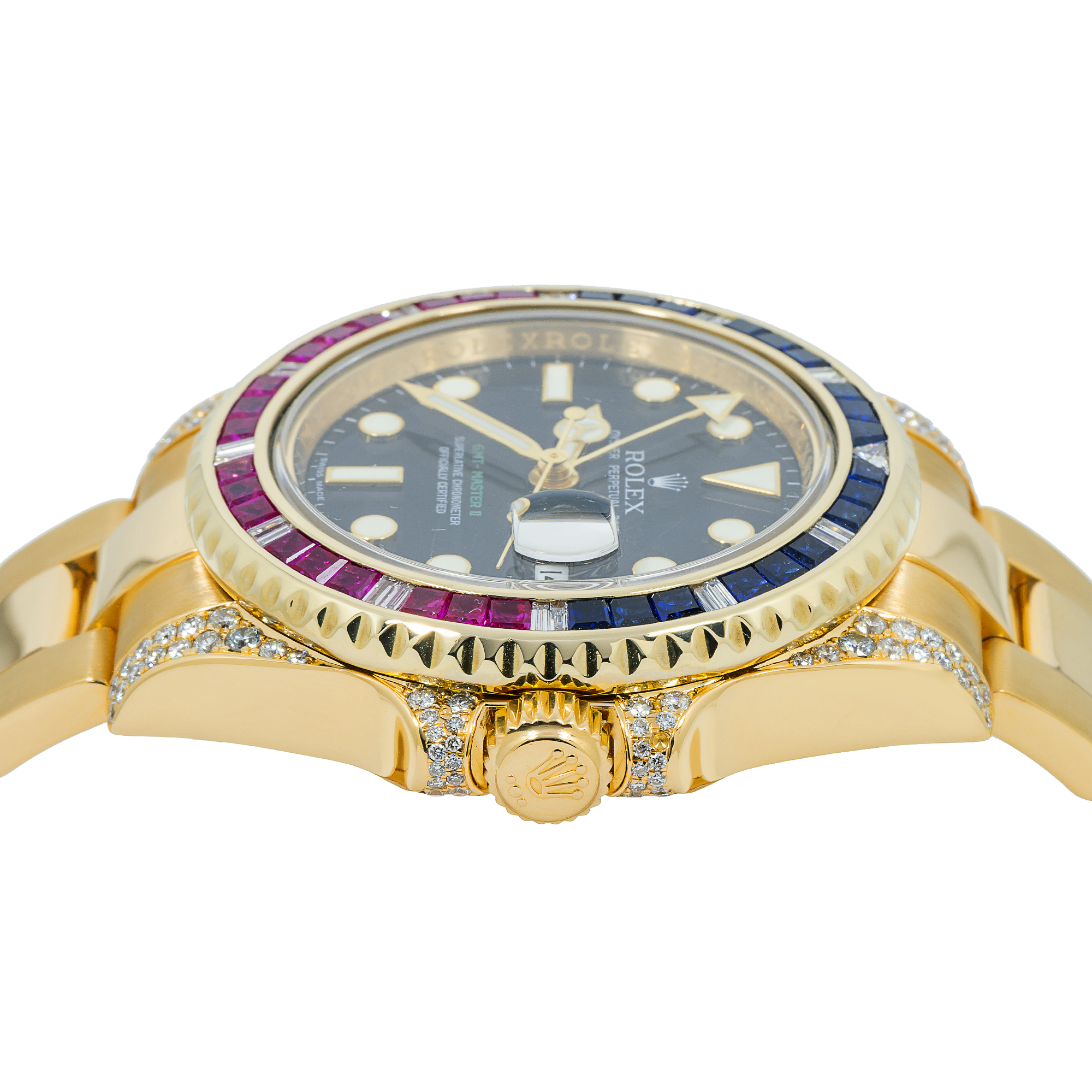 Rolex GMT-Master II 40MM 116718 Black Dial Blue Red Gemstone & Diamond Bezel 18K Yellow Gold Oyster Bracelet