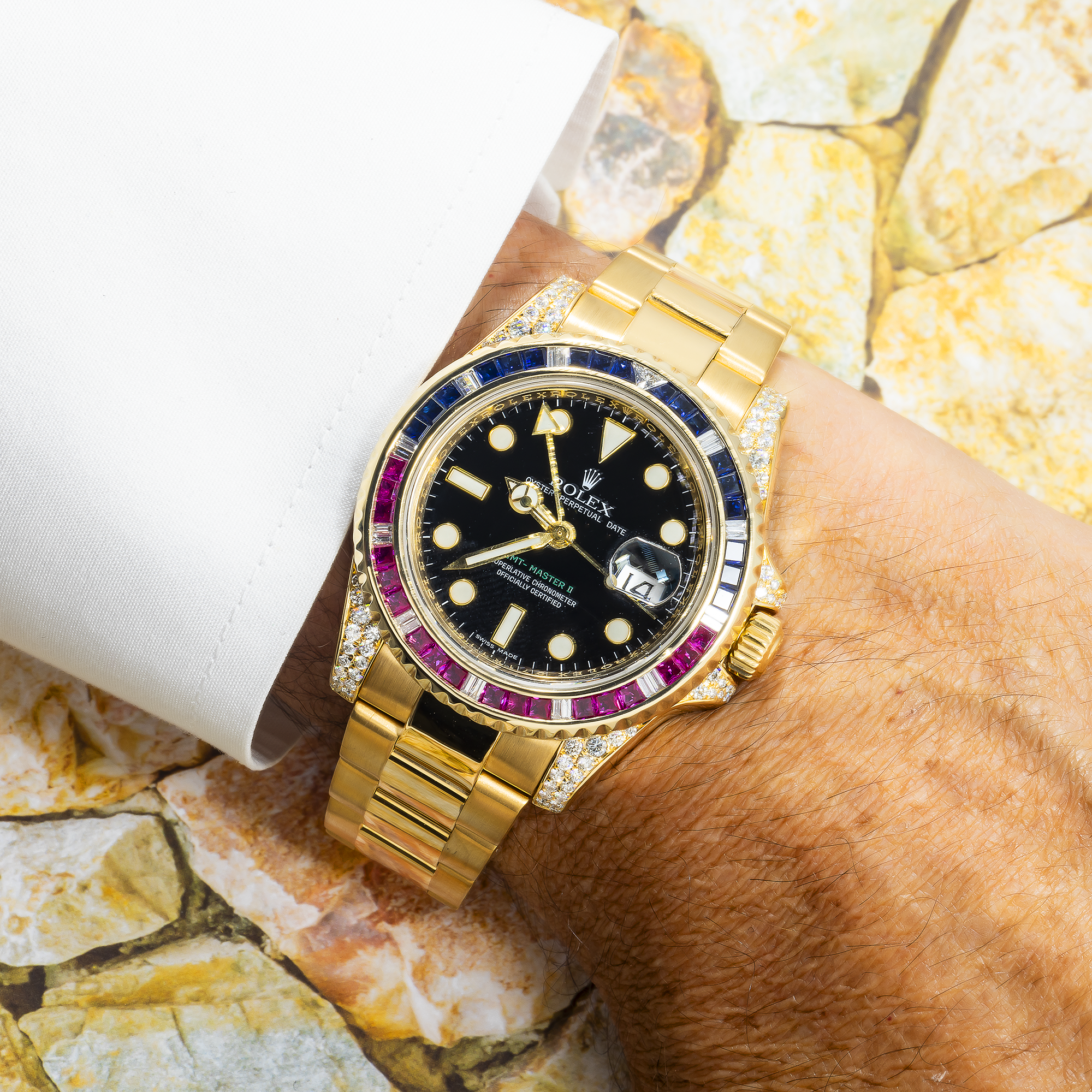 Rolex GMT-Master II 40MM 116718 Black Dial Blue Red Gemstone & Diamond Bezel 18K Yellow Gold Oyster Bracelet
