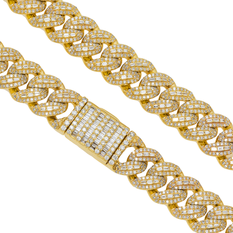 10K GOLD BAGUETTE AND ROUND DIAMOND 10MM OPEN CUBAN LINK CHAIN 12.96 CT