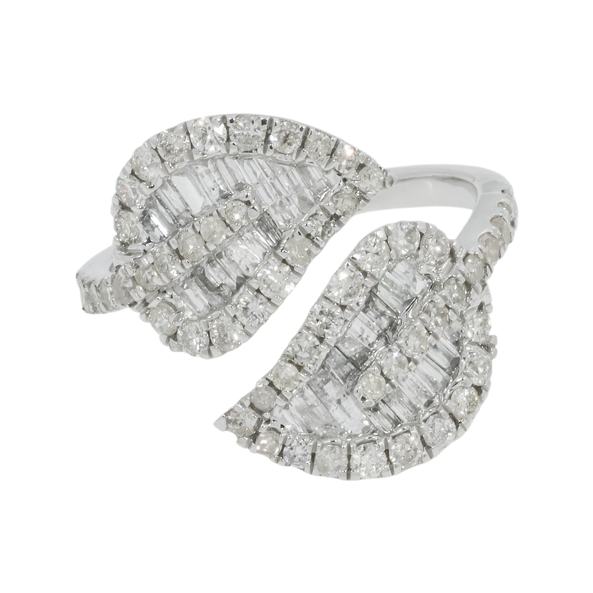 10K GOLD ROUND AND BAGUETTE DIAMOND LEAF BYPASS RING 1.55 CT