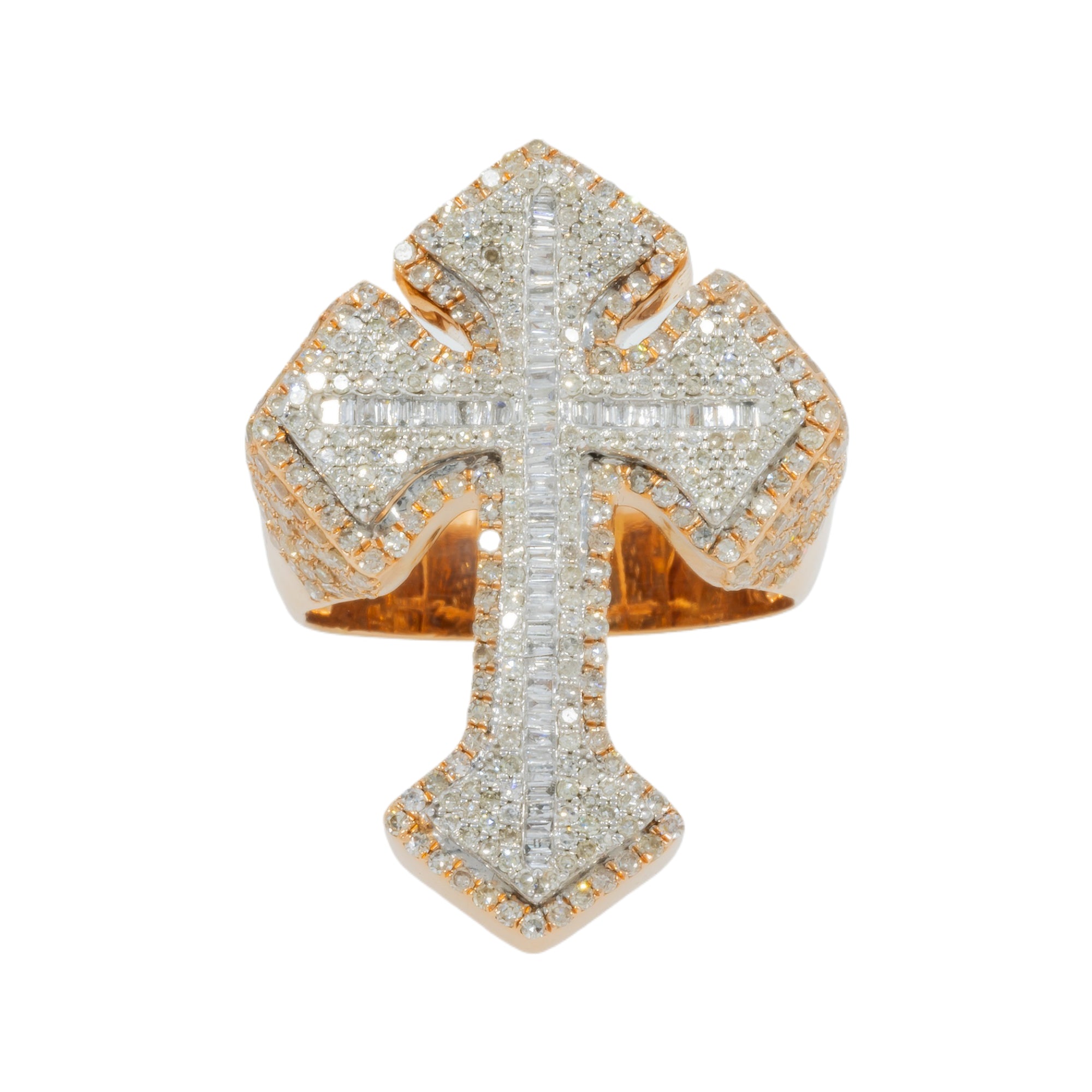10K GOLD BAGUETTE AND ROUND DIAMOND CROSS STATEMENT RING 2.84 CT