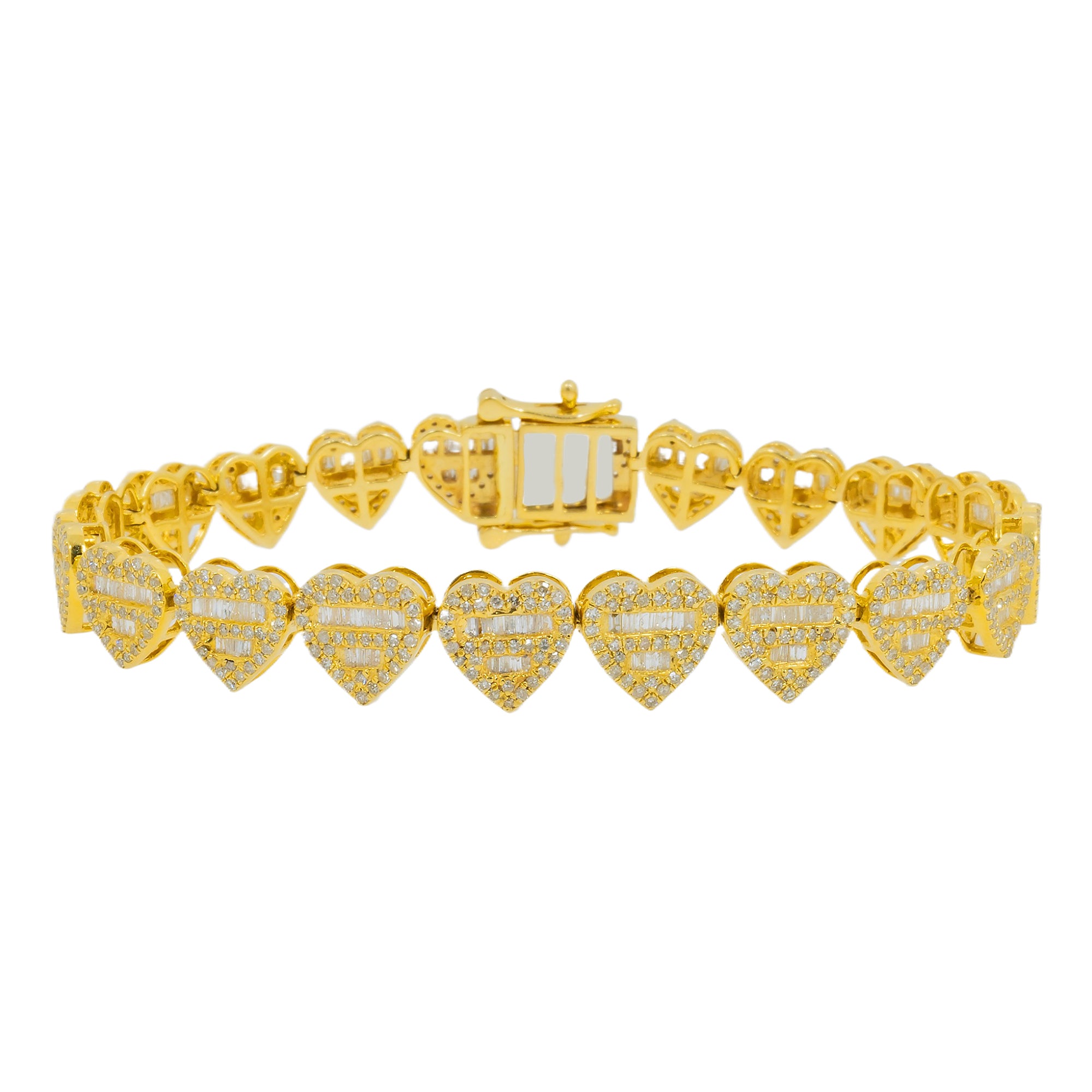 10K GOLD BAGUETTE AND ROUND DIAMOND HEART CHAIN BRACELET 3.73 CT