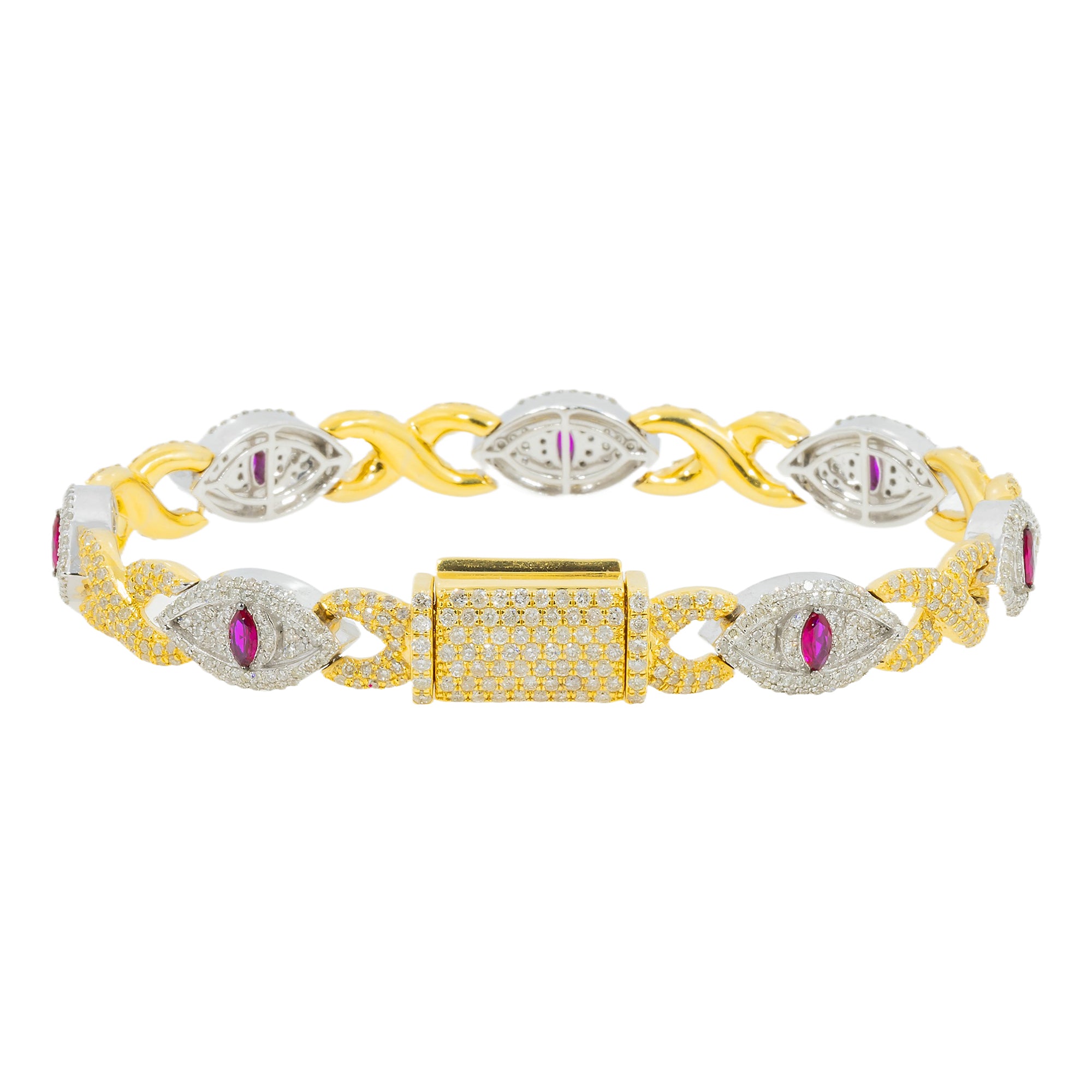 10K GOLD TWO TONE DIAMOND & PURPLE GEMSTONE EVIL EYE INFINITY CHAIN BRACELET 7.46 CT