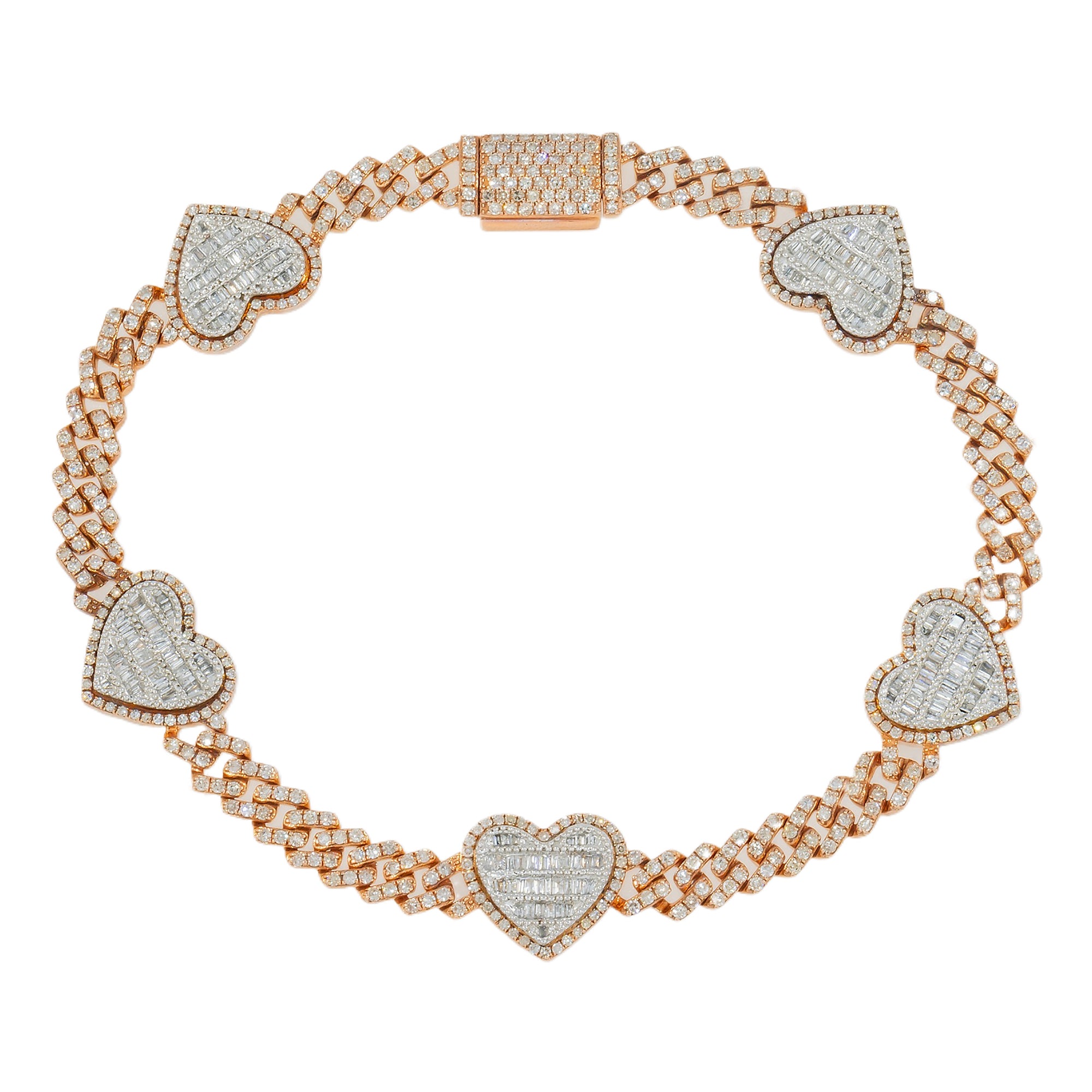 10K GOLD BAGUETTE AND ROUND DIAMONDS CUBAN HEARTS BRACELET 3.86 CT
