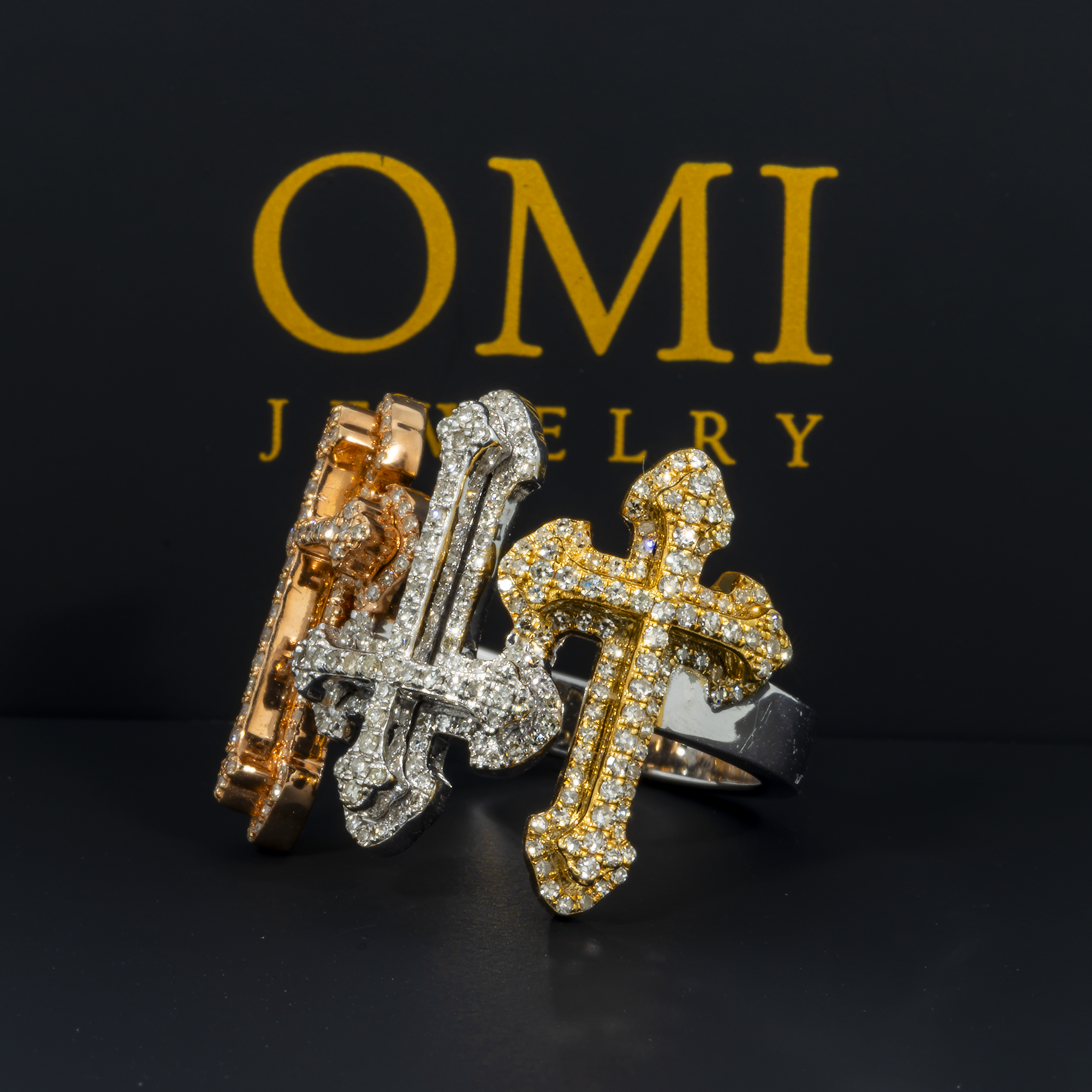 10K GOLD TRICOLOR DIAMOND TRIPLE CROSSES RING 1.29 CT