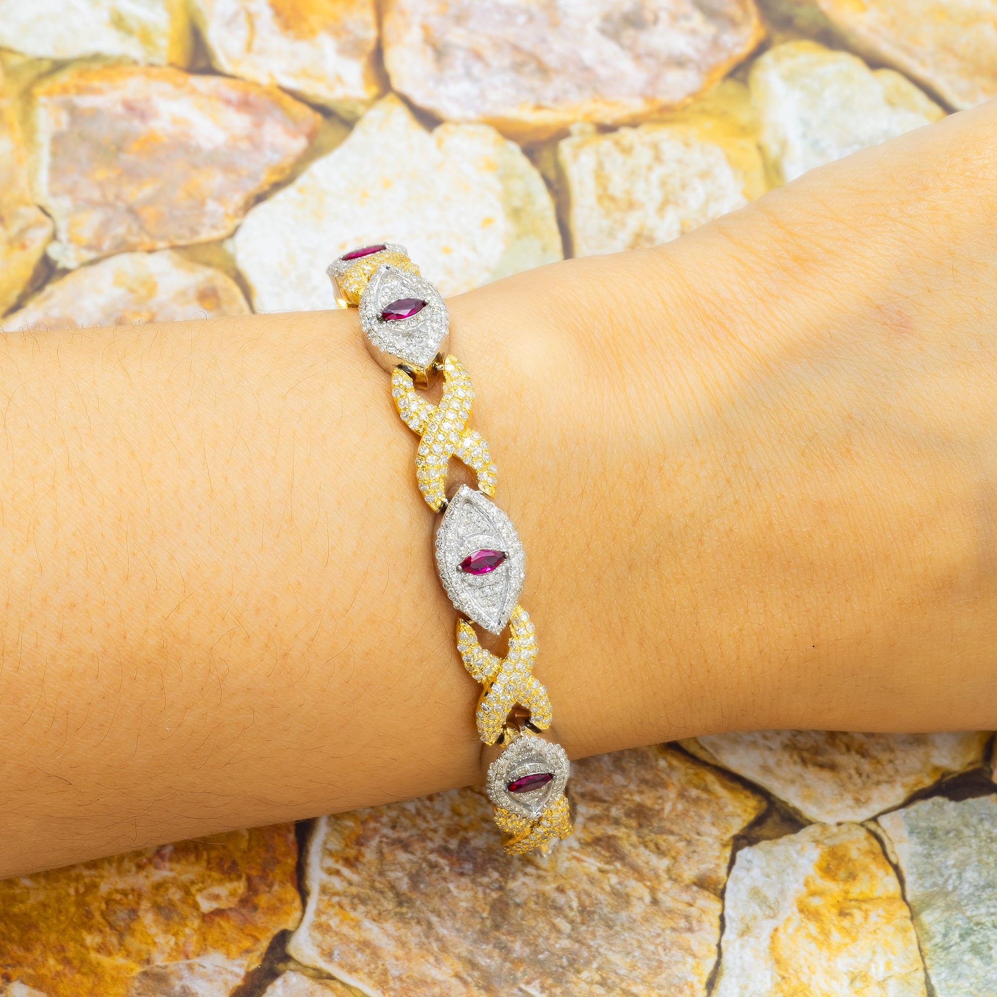 10K GOLD TWO TONE DIAMOND & PURPLE GEMSTONE EVIL EYE INFINITY CHAIN BRACELET 7.46 CT